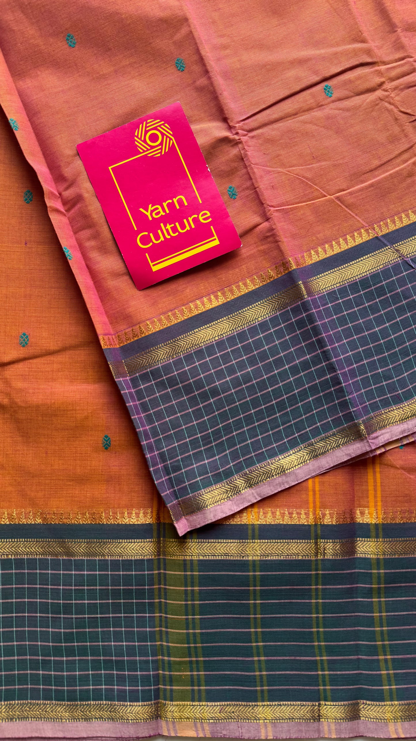 Orange pink dual tone and dark greyish blue contrast, Chettinad cotton saree with checkered border - YCCOTNMA273