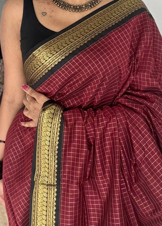 Maroon with black, checks - cotton silk - YCCOTNOCKC43