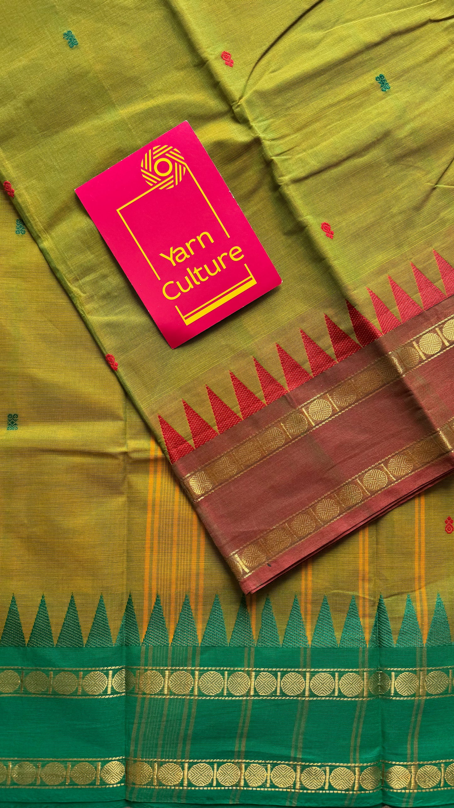 Kanchi cotton saree, light green with light brown and green dual border - YCCOTNAP101