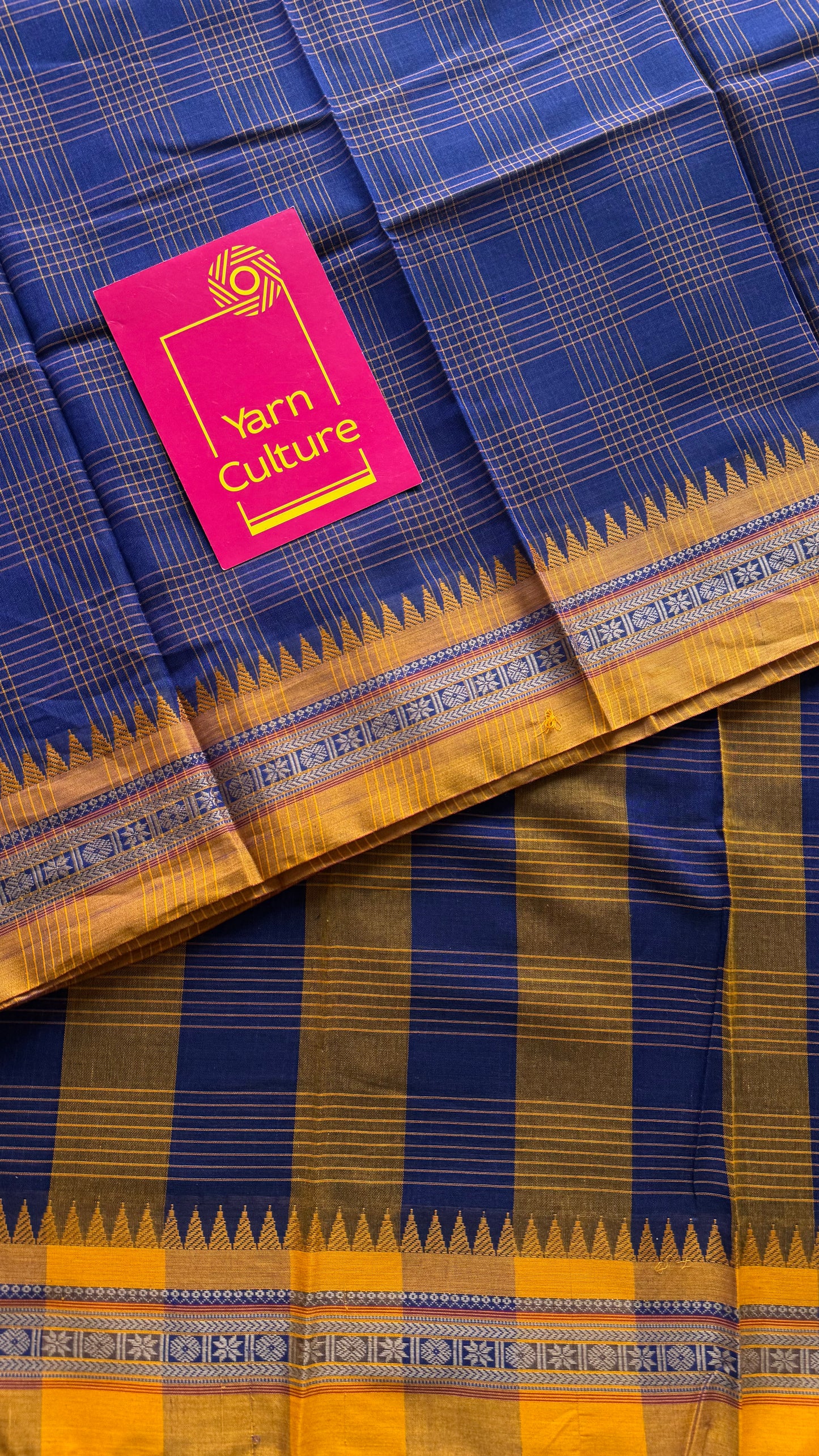 Dark blue checks with yellow border, handloom, soft cotton - YCLOKC219