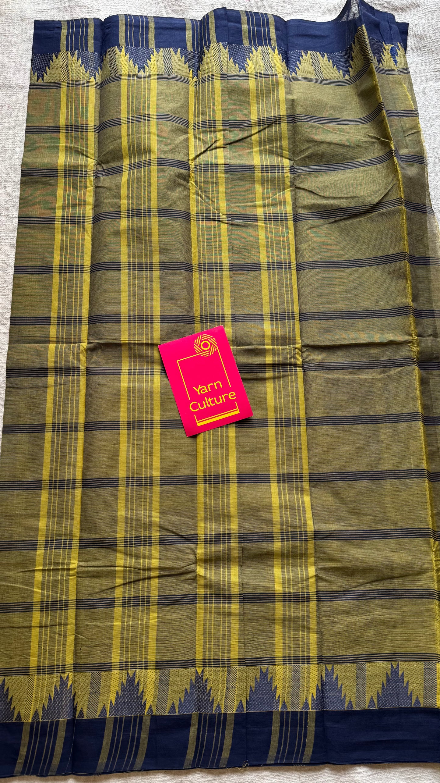 Chettinad cotton saree with olive green and navy checks, temple motif border - YCCOTNAP67