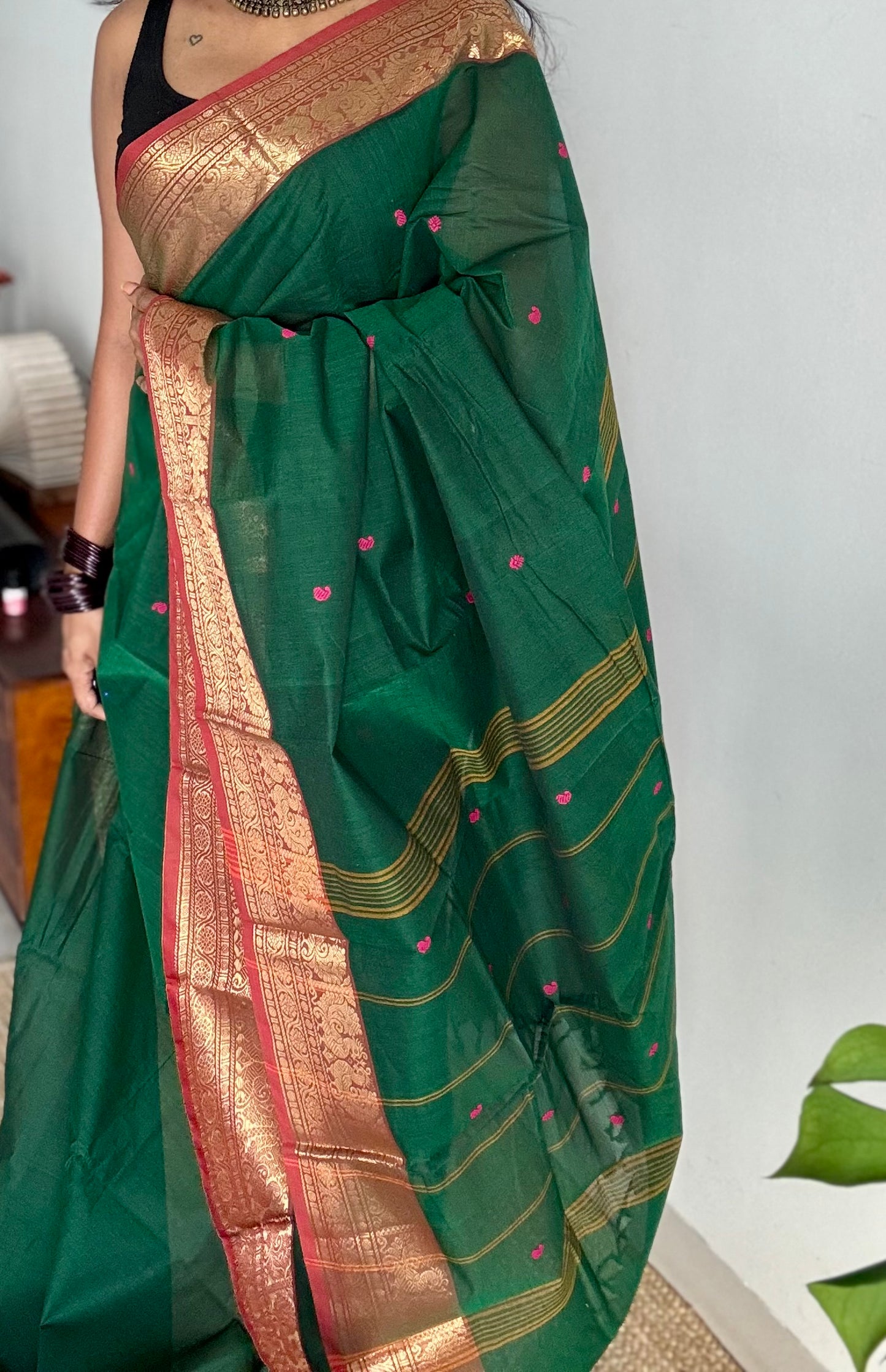 Dark green and brick red contrast, kanchi cotton saree - YCCOTNMA323
