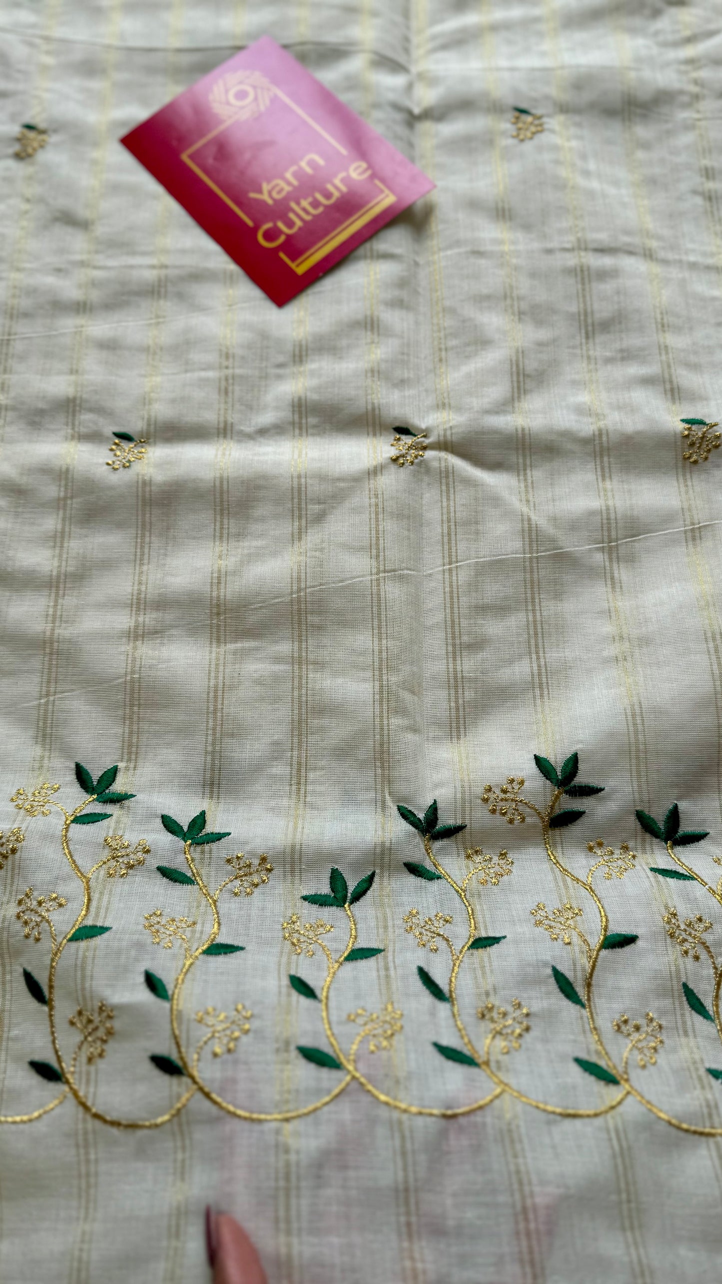 Ivory and gold soft cotton saree, dark green floral vine embroidery  - YCIEON57