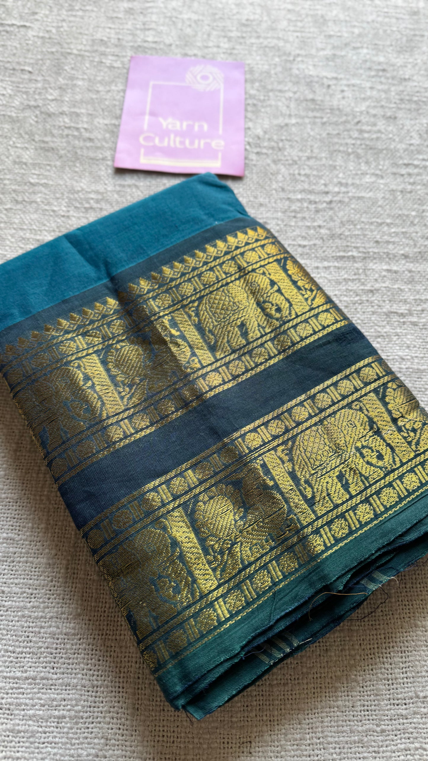 Blue with green wide contrast border, kanchi cotton - YCCOTNKCDE83