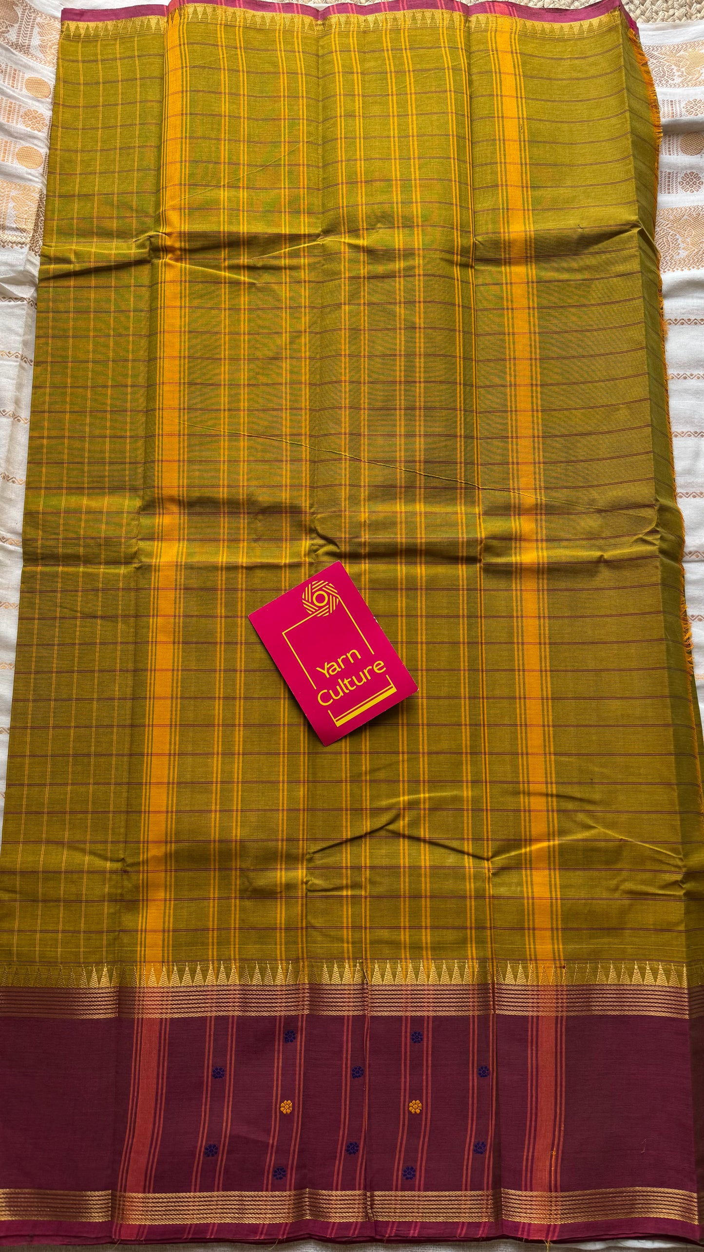 Light green and dark copper rose contrast, checkered Chettinad cotton saree - YCCOTNMA267