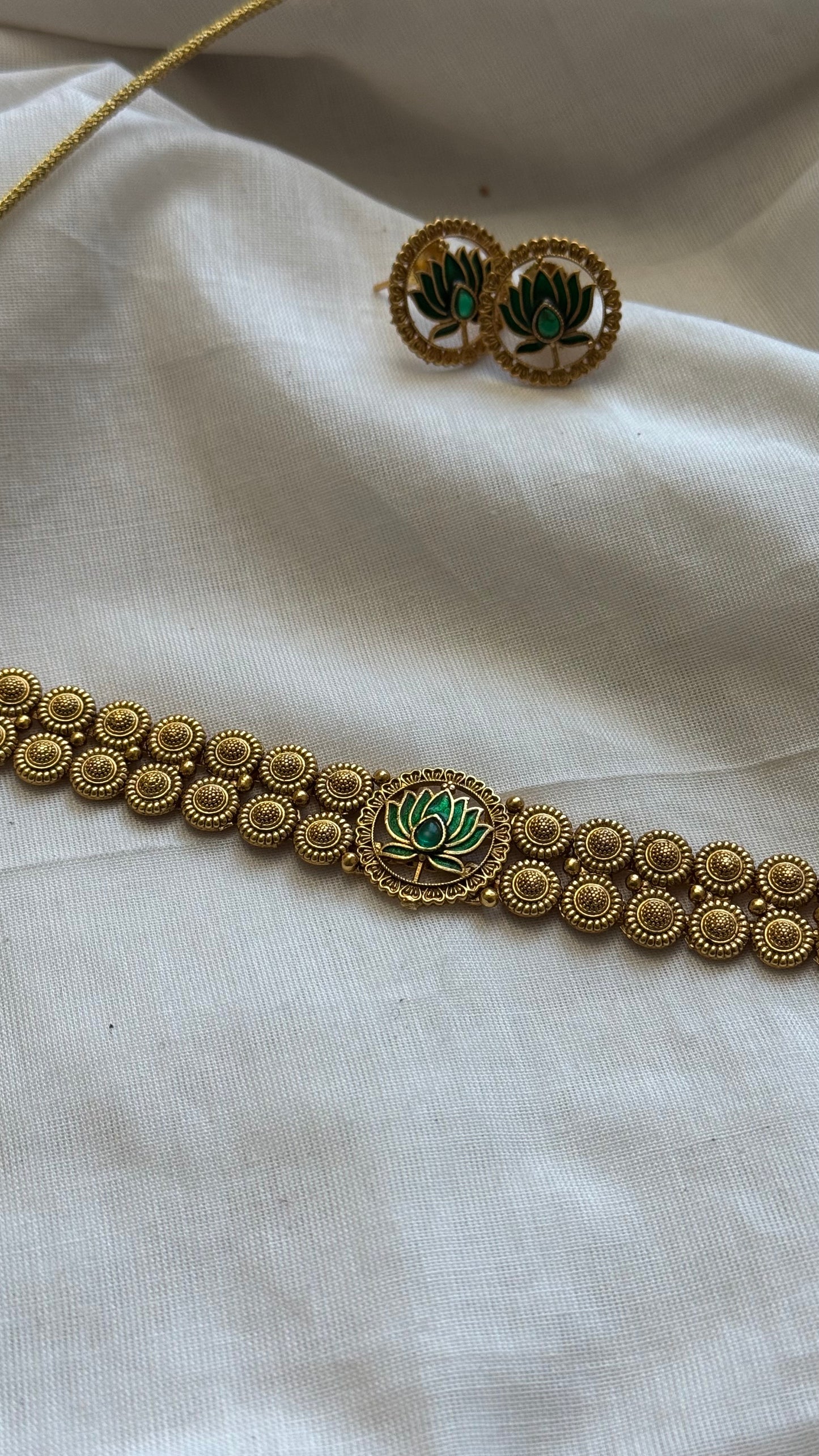 Double layered coin neckpiece with green lotus pendant, with earrings - YCGPNP626