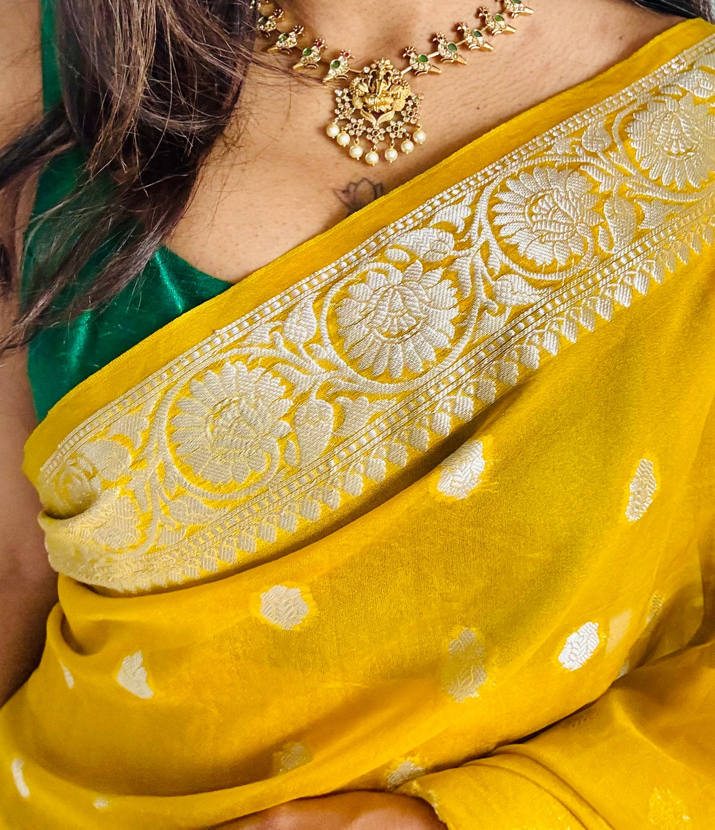 Green white ruby stones parrot hasli, Lakshmi pendant, with earrings - YCGPNP618