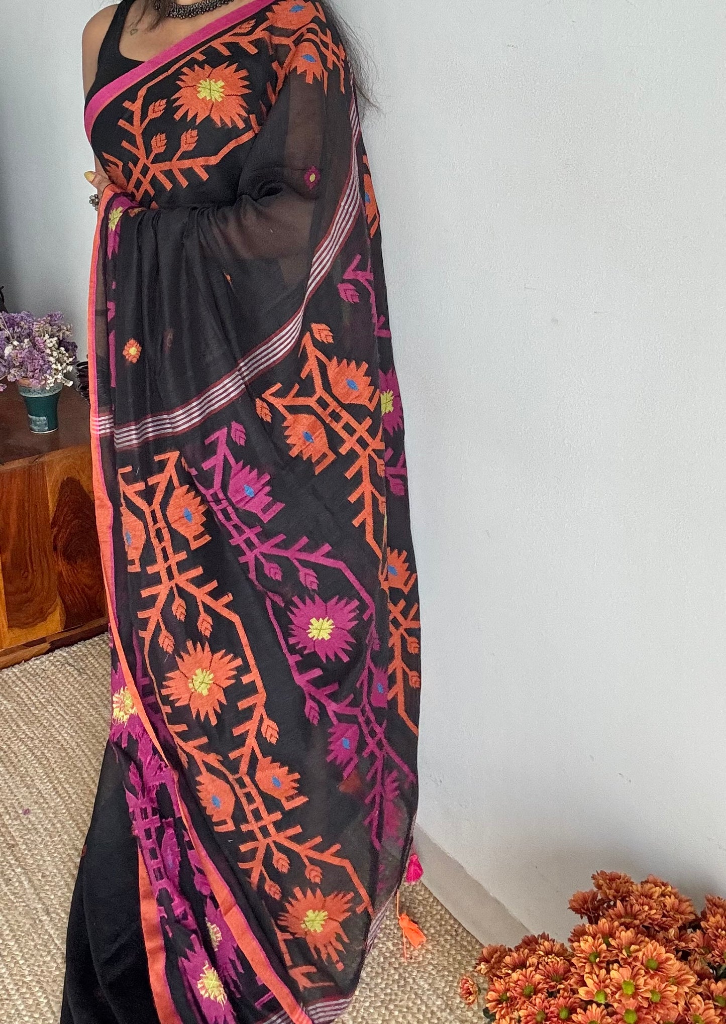 Black with pink and orange jamdani saree in mul cotton - YCBCJDFE382