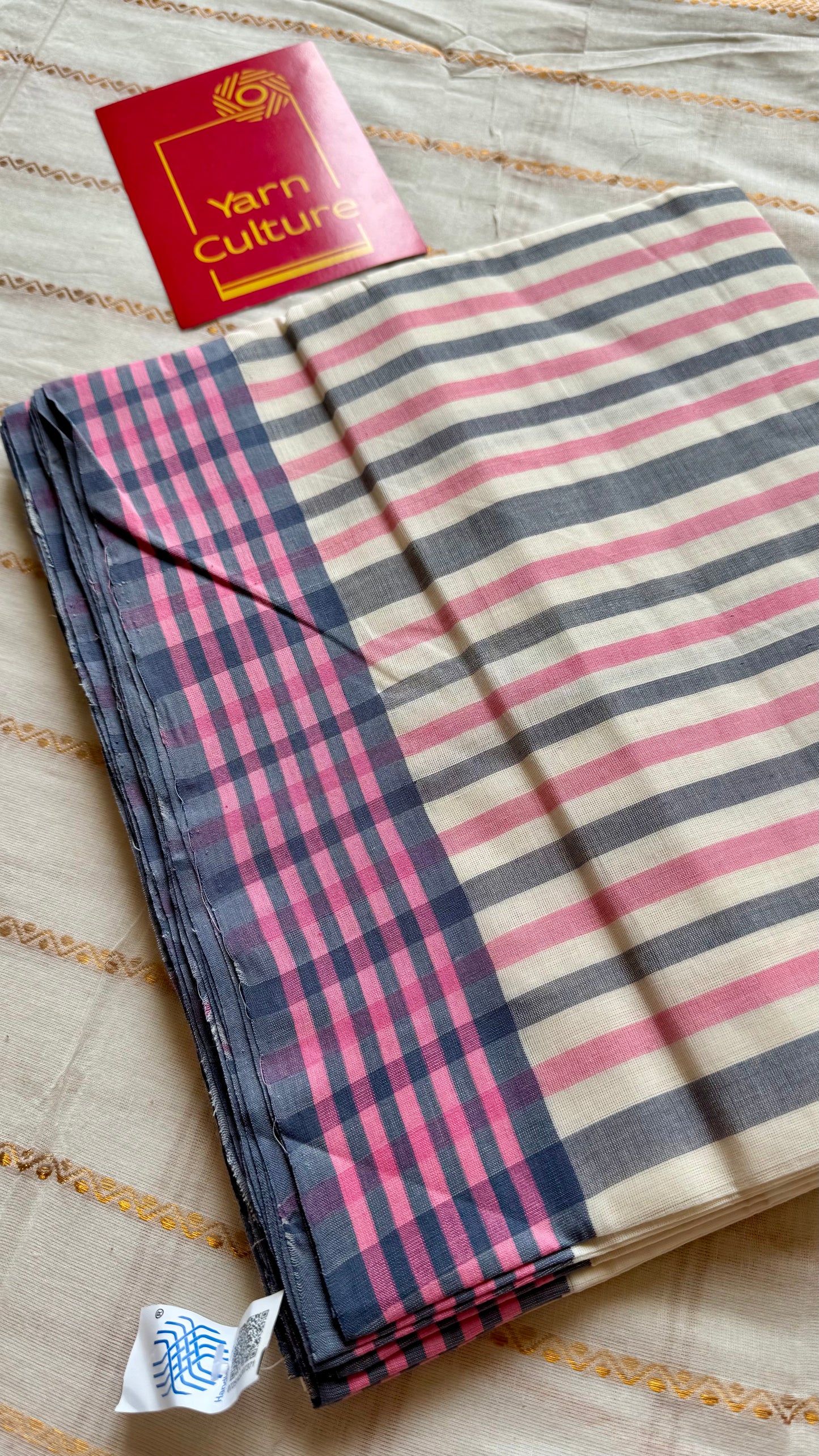 Handloom, woven in Chendamangalam Looms, ivory with grey pink border, striped soft cotton saree - Handloom ivory grey pink border