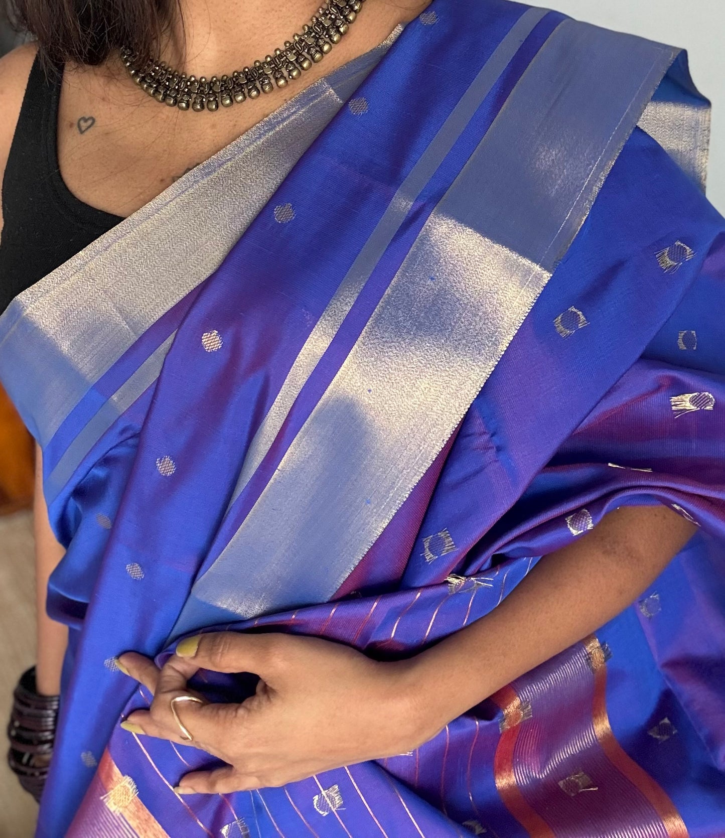 Purple with antique gold silver dual tone border & buttas, semi katan silk - YCBLSSJA19