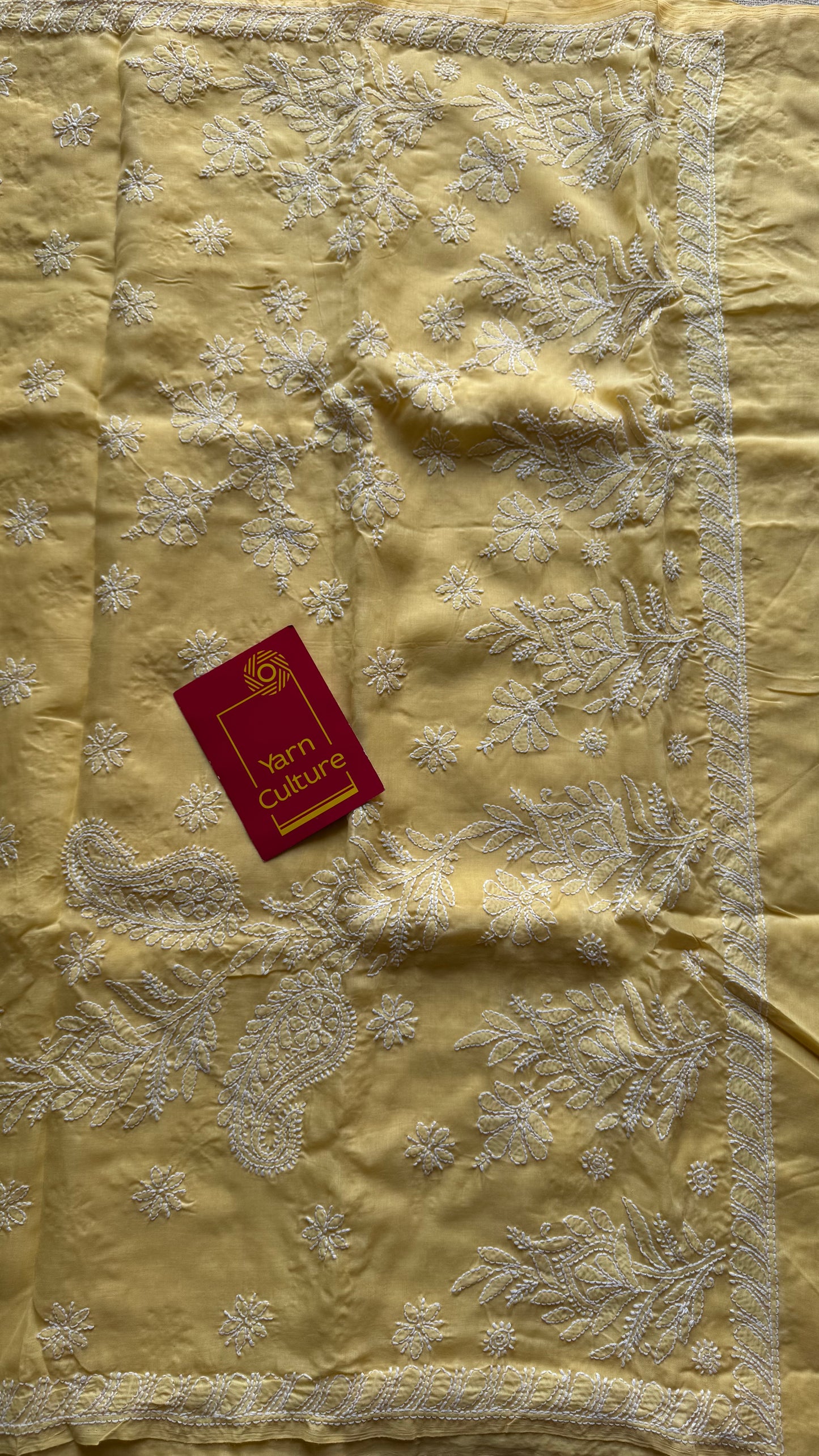 Ziya - light canary yellow hand-embroidered chikankari cotton saree - YCLCKFE417