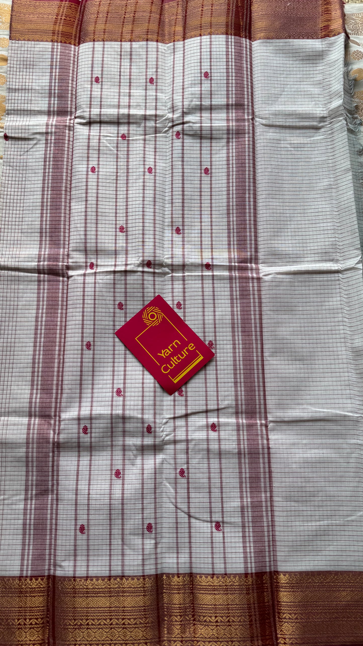 White and burnt red contrast, checkered Chettinad cotton saree - YCCOTNMA264