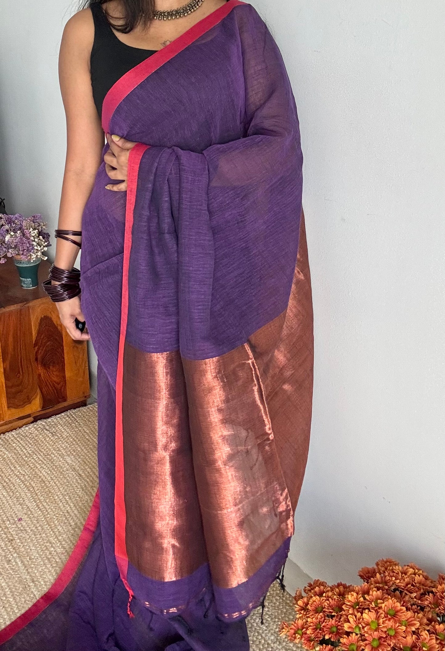 Purple plain linen by cotton saree with copper zari pallu - YCBCLCFE396