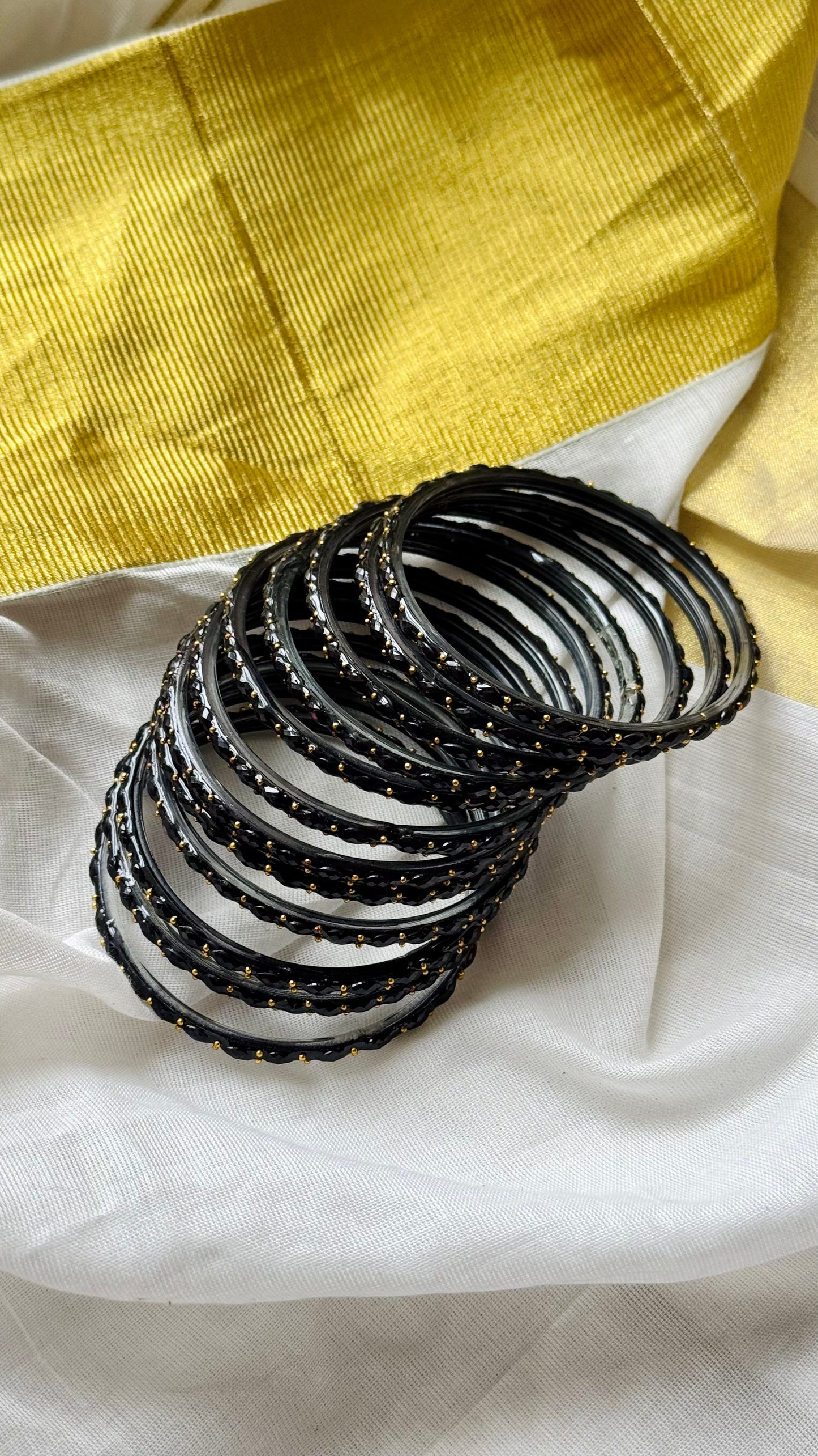 Black raindrop glass bangles, set of 12 - YCBANGL847