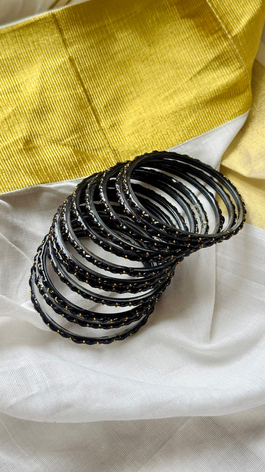 Black raindrop glass bangles, set of 12 - YCBANGL847