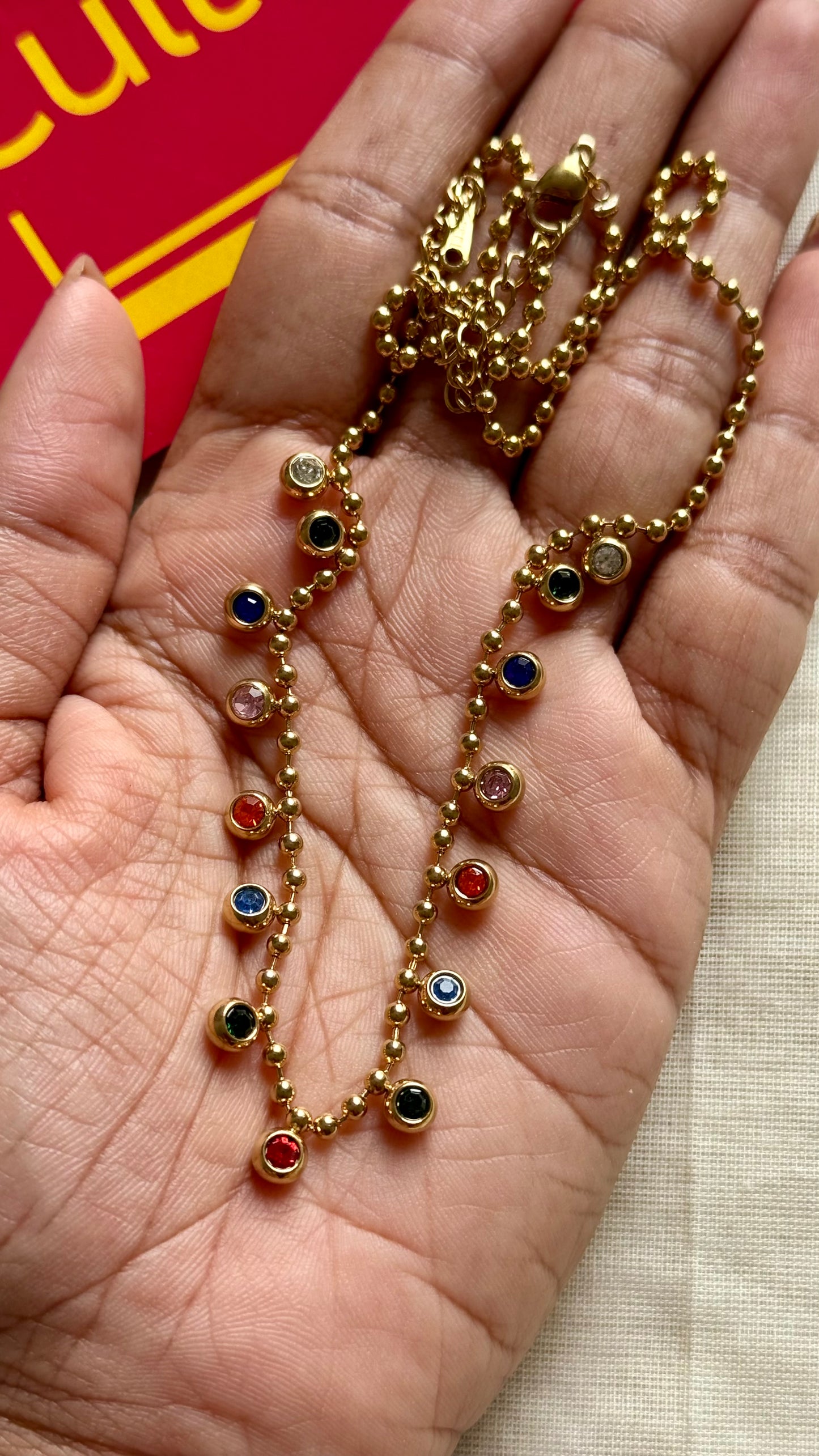 Gold plated chain, multi-coloured stones - YCGPC409