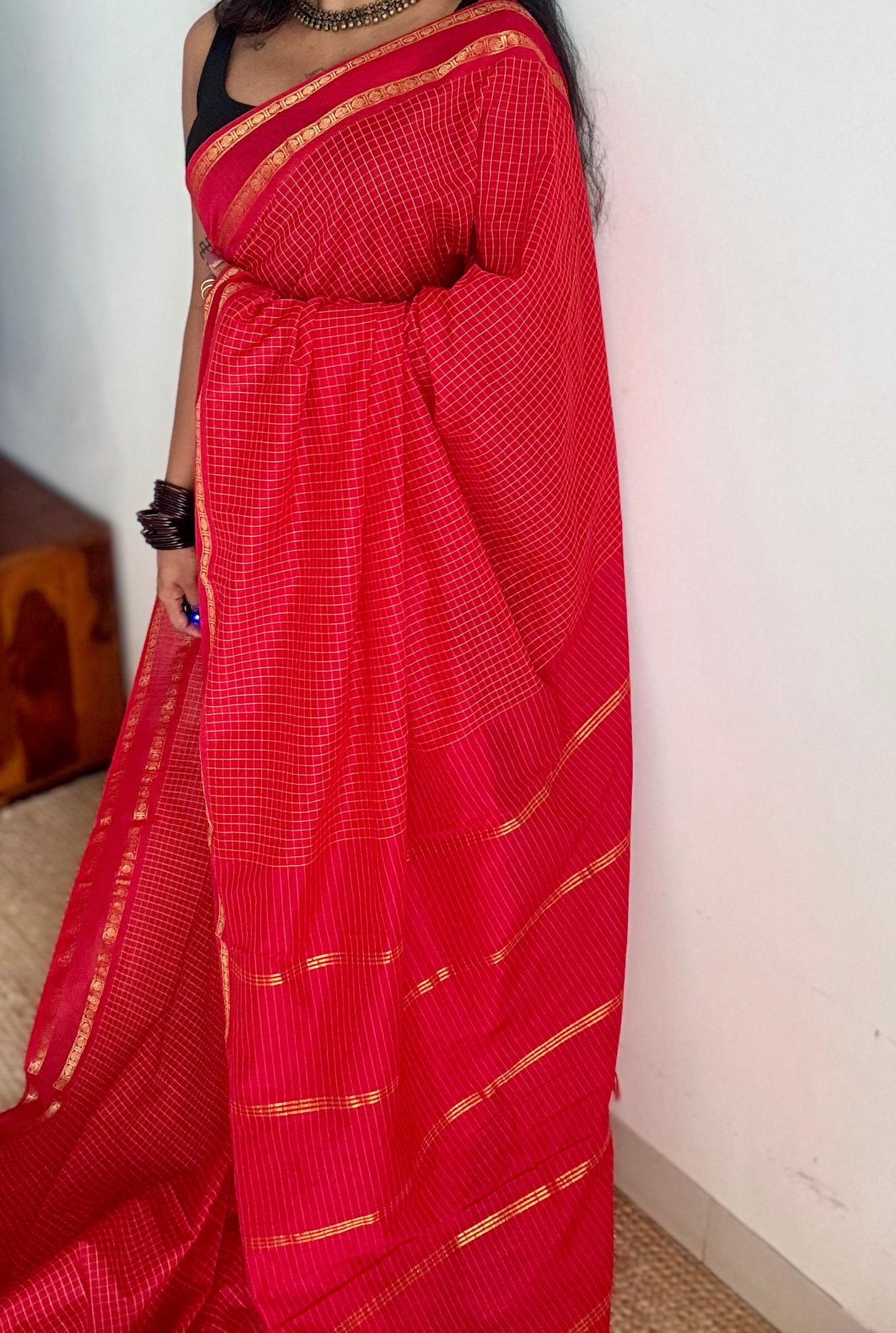 Chilli red arani checks saree, cotton silk - YCCOTNAUG20