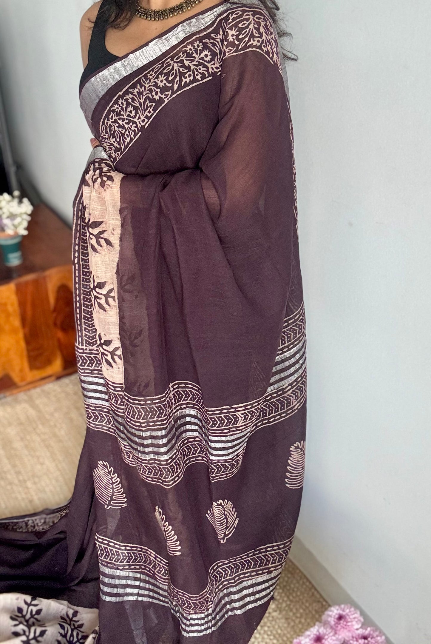 Wine and cream linen, silver zari border - YCTORNOP20