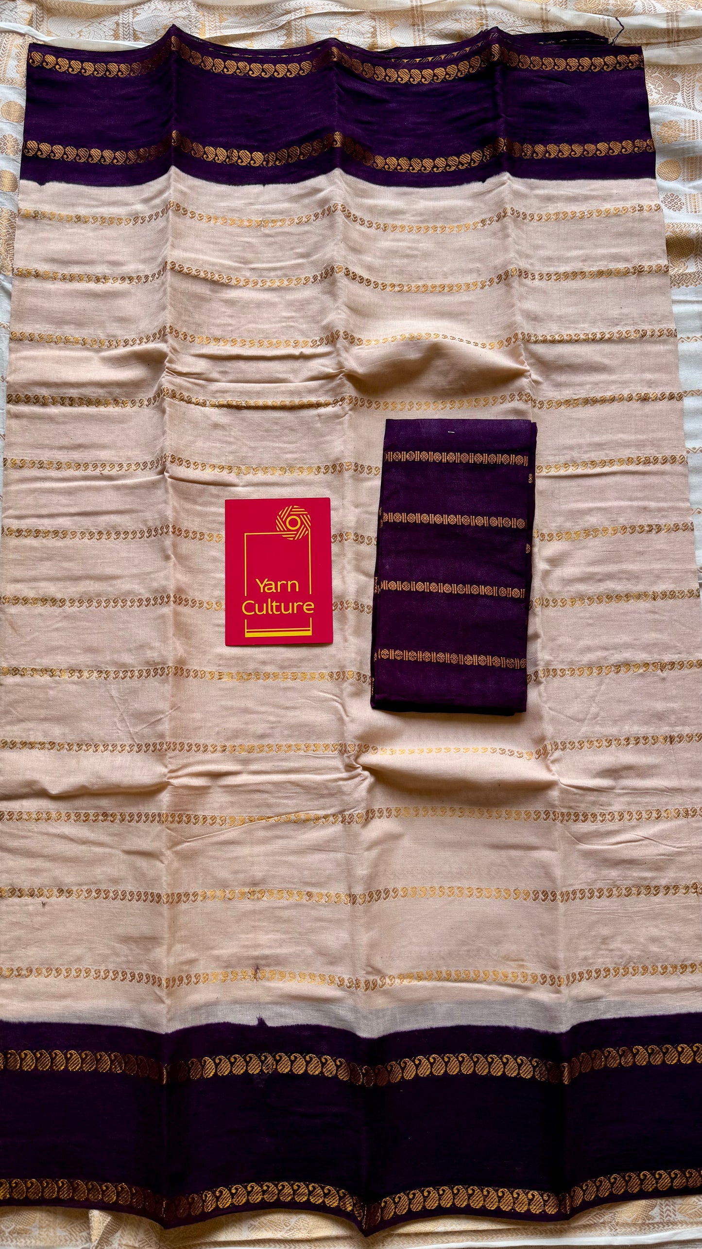 Ivory with purple brown contrast paisley sungudi, kattuchayam dyed madurai cotton - YCIEON90