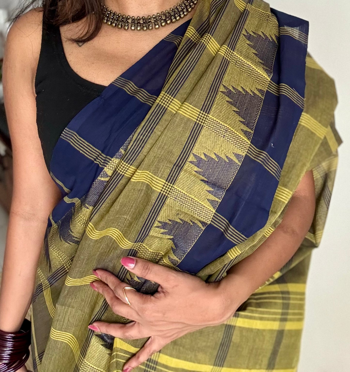 Chettinad cotton saree with olive green and navy checks, temple motif border - YCCOTNAP67