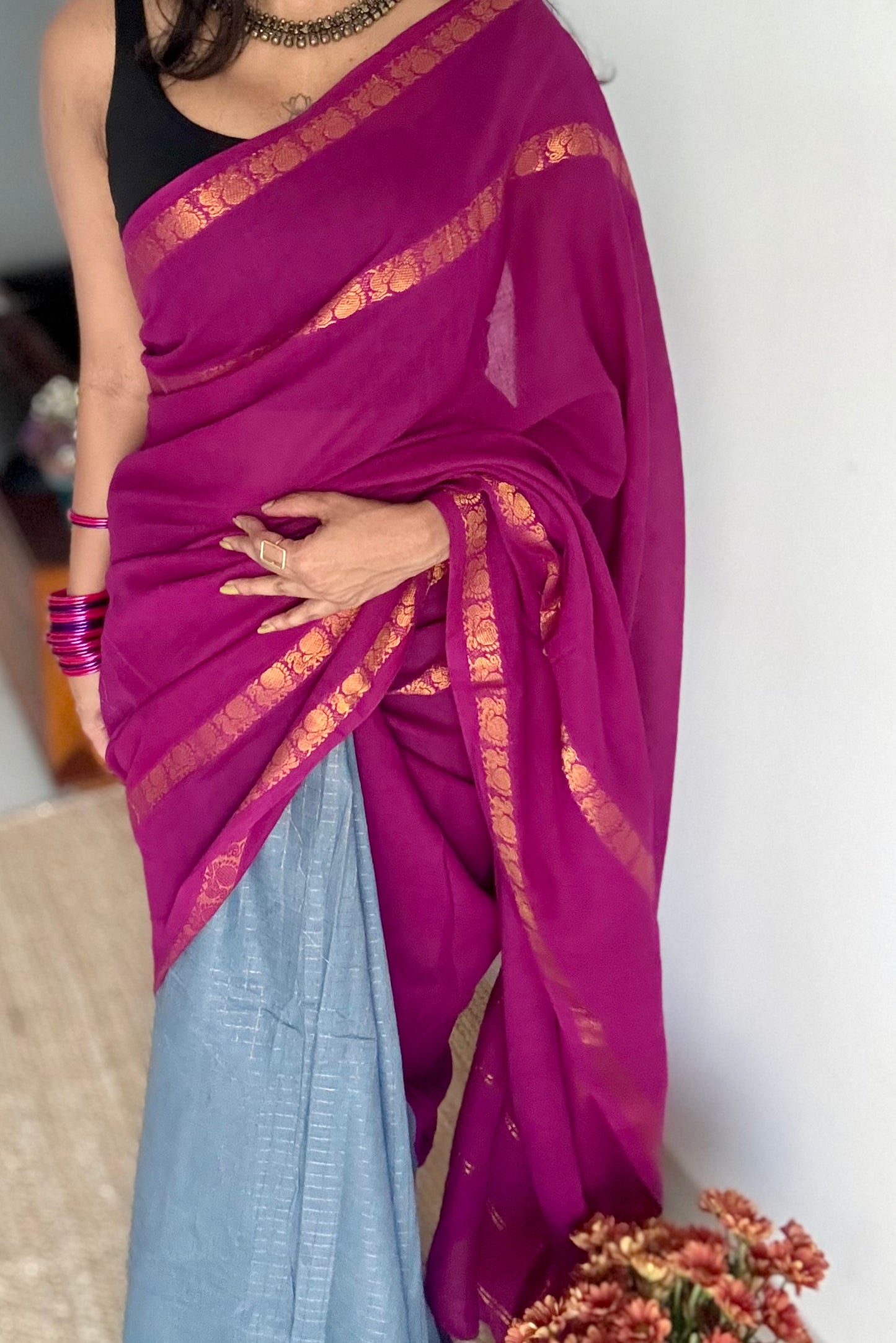 Mallinila (மல்லிநிலா): vaadamalli purple pink with grey, sungudi cotton - YCENOID13