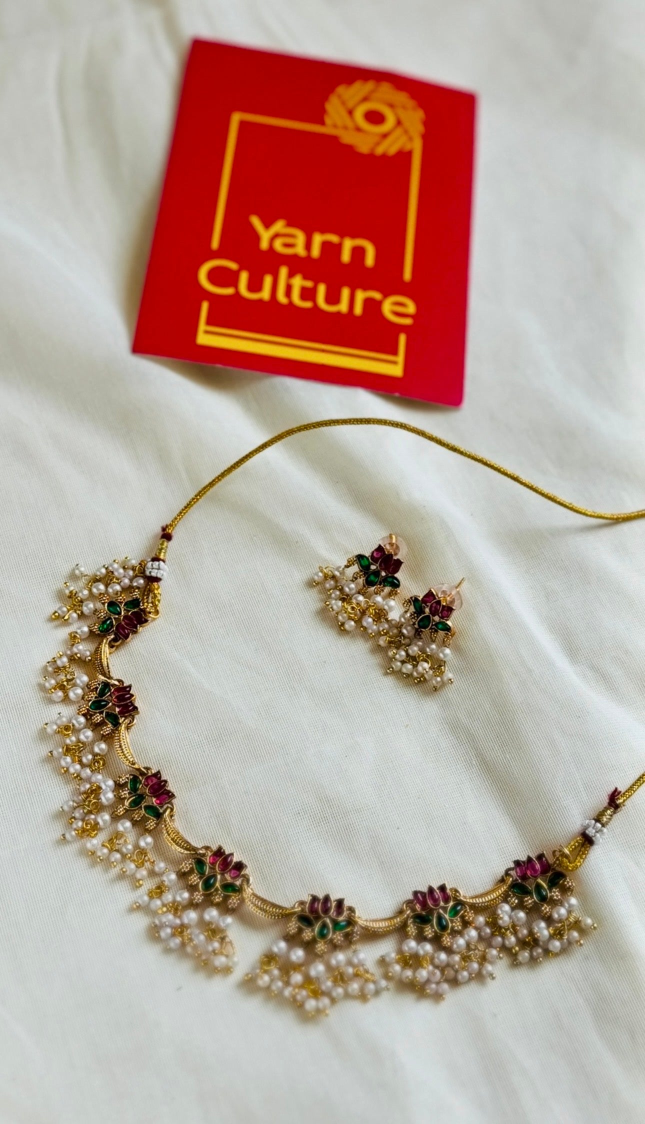 Ruby and green lotus with pearl hangings, with earrings - YCGPNP776