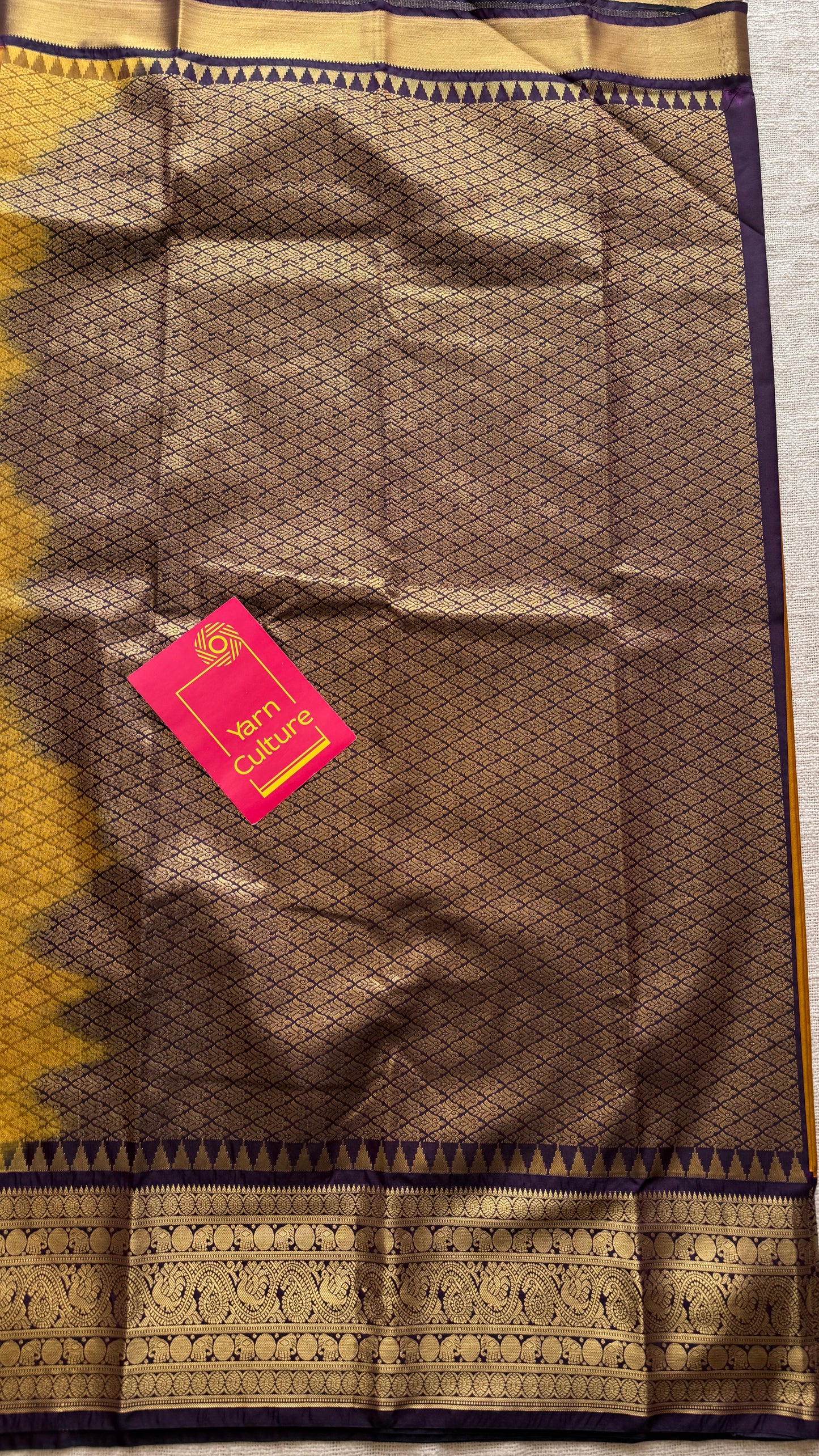 Vaidhi - mustard with deep purple, handloom korvai semi silk - YCCOTNFEJUKS02
