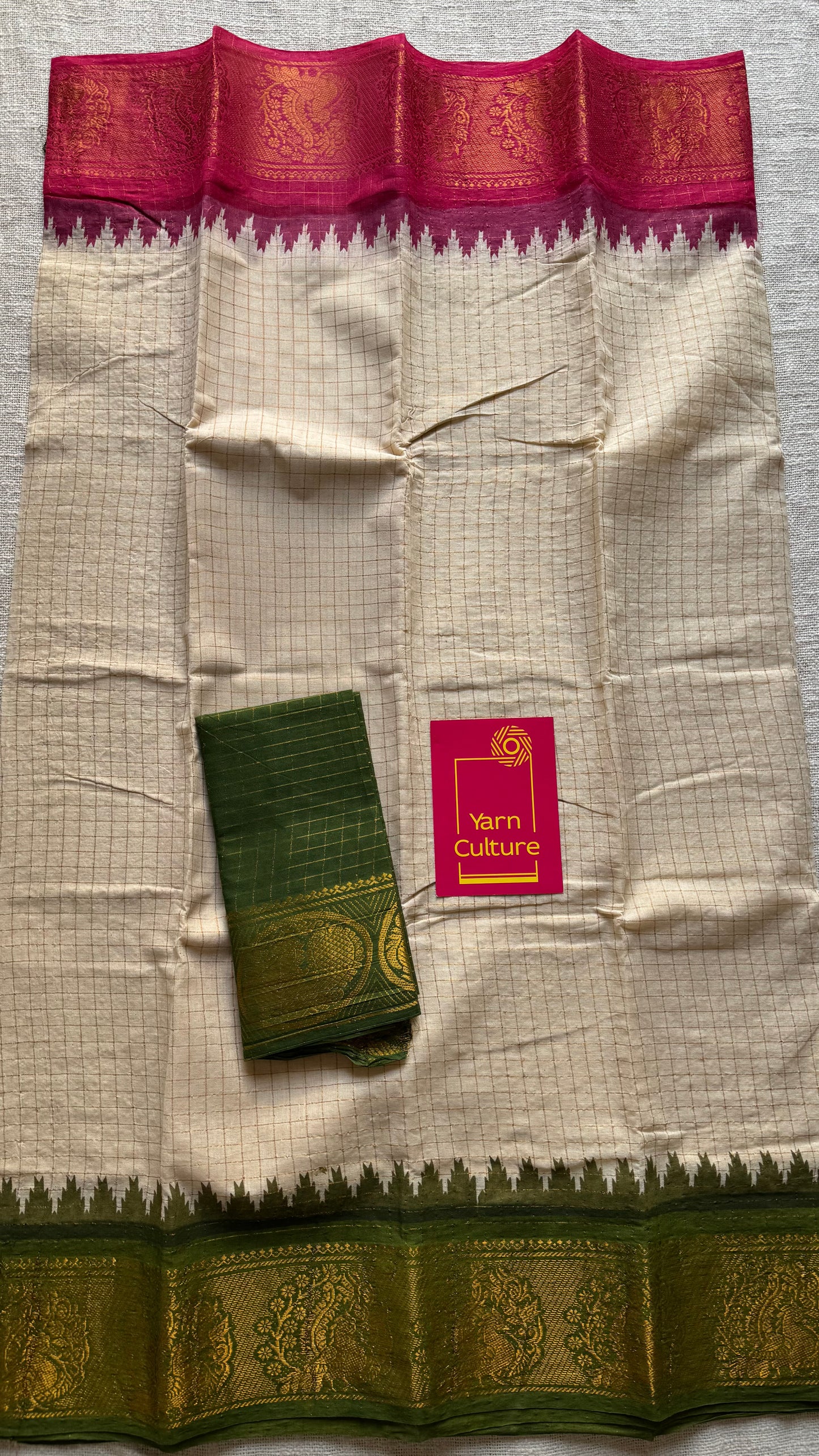 Sungudi cotton checks, ivory gold base, green and red dual tone border, soft cotton - YCCOTNGJJA176