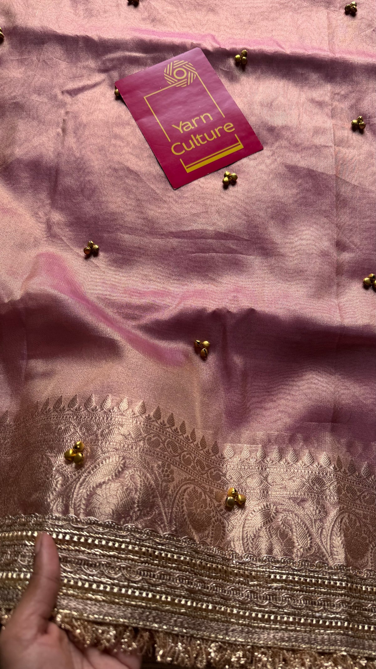 Pink gold tissue Banarasi saree with ghungroo embellishments and zari border - YCBLTOC71