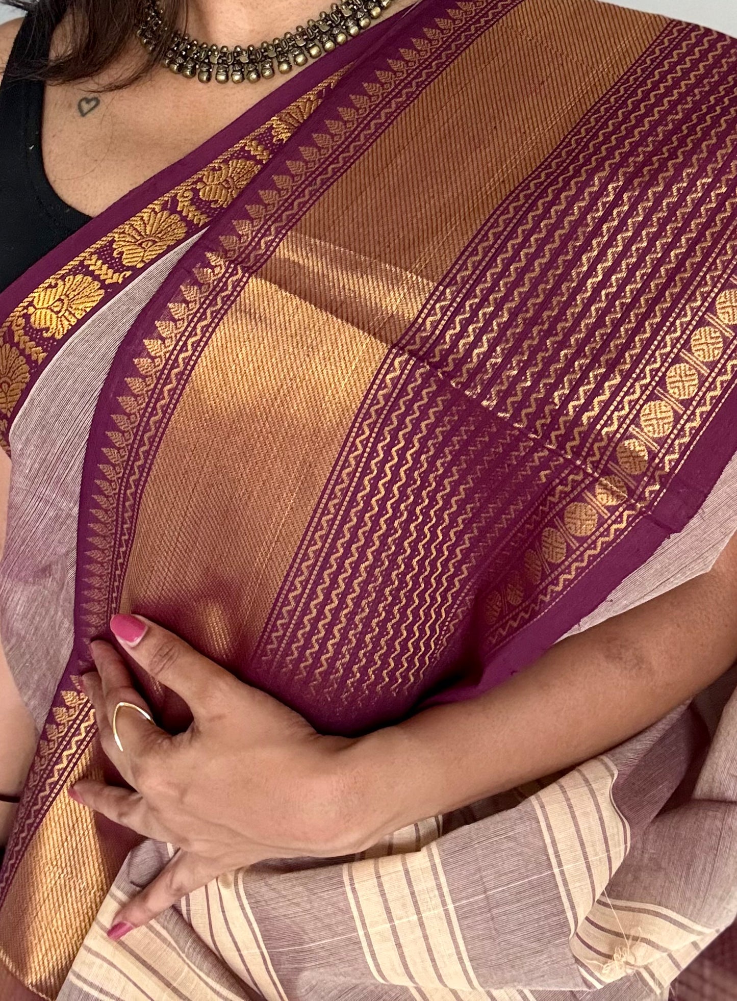 Kanchi cotton saree, beige brown with dark maroon zari border - YCCOTNAP88
