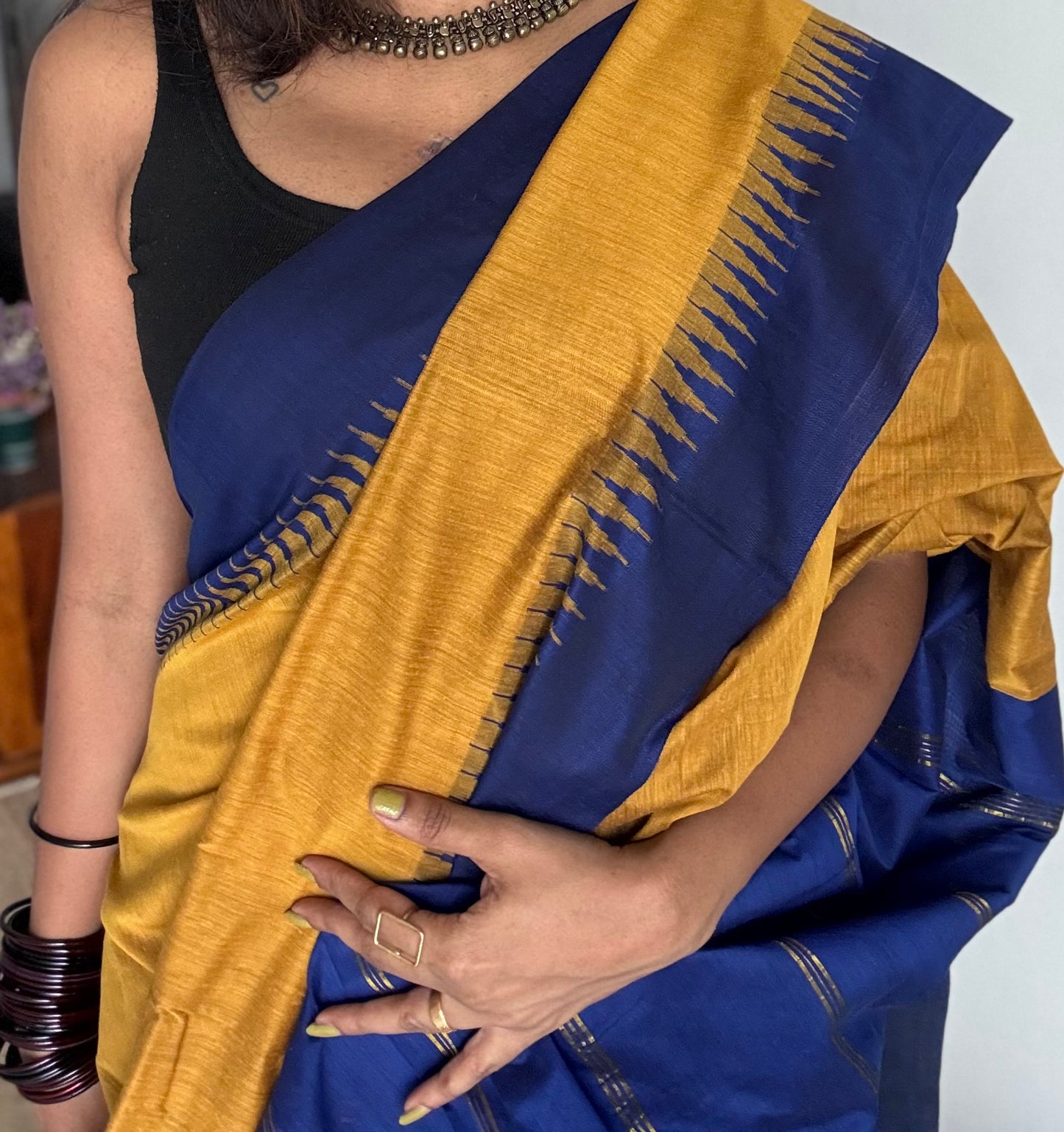 Turmeric yellow with blue contrast, temple border saree, cotton silk - YCCOTNTBFE57
