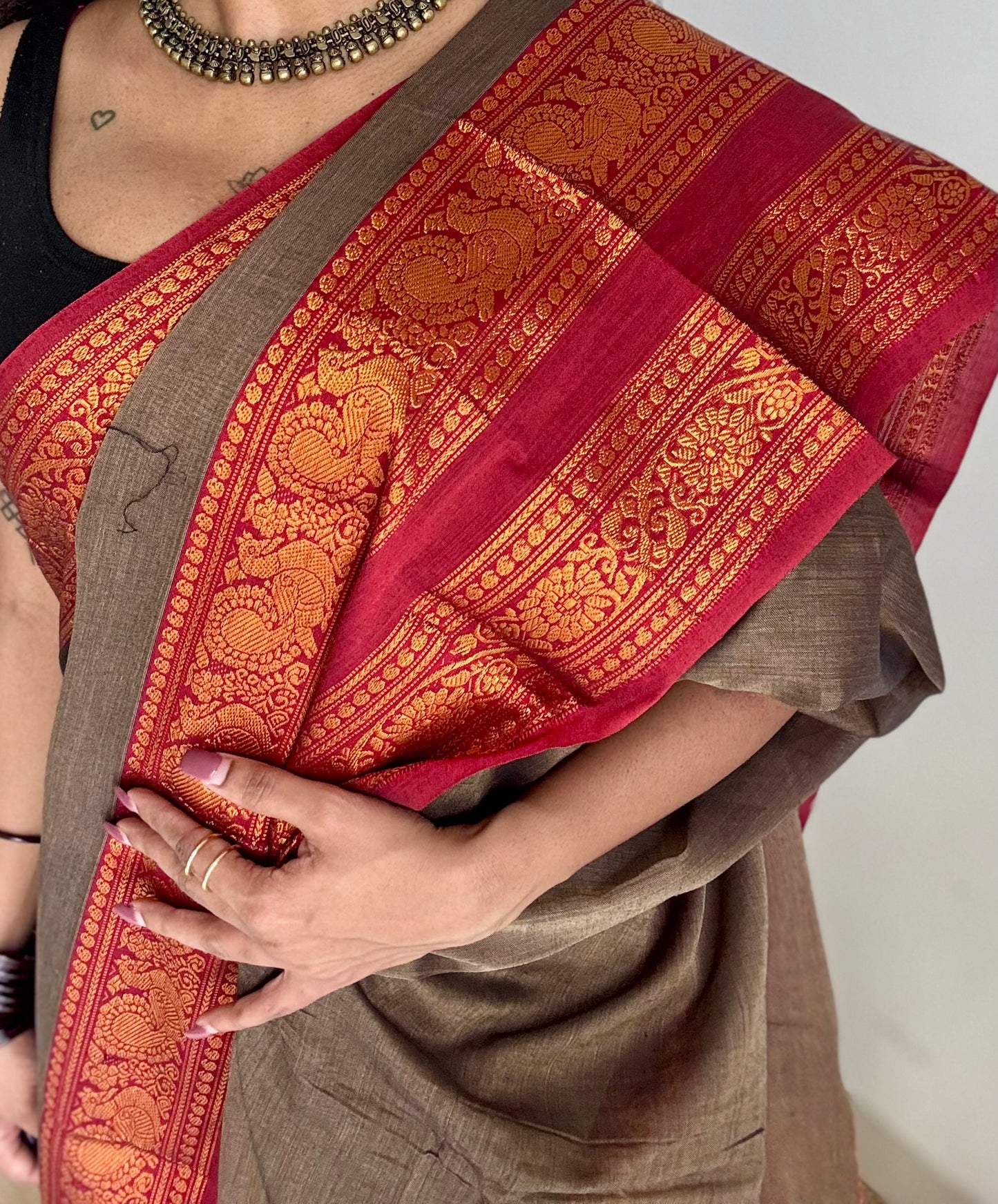 Grey with red wide border, narayanpet soft cotton saree - YCWOTDAUG05