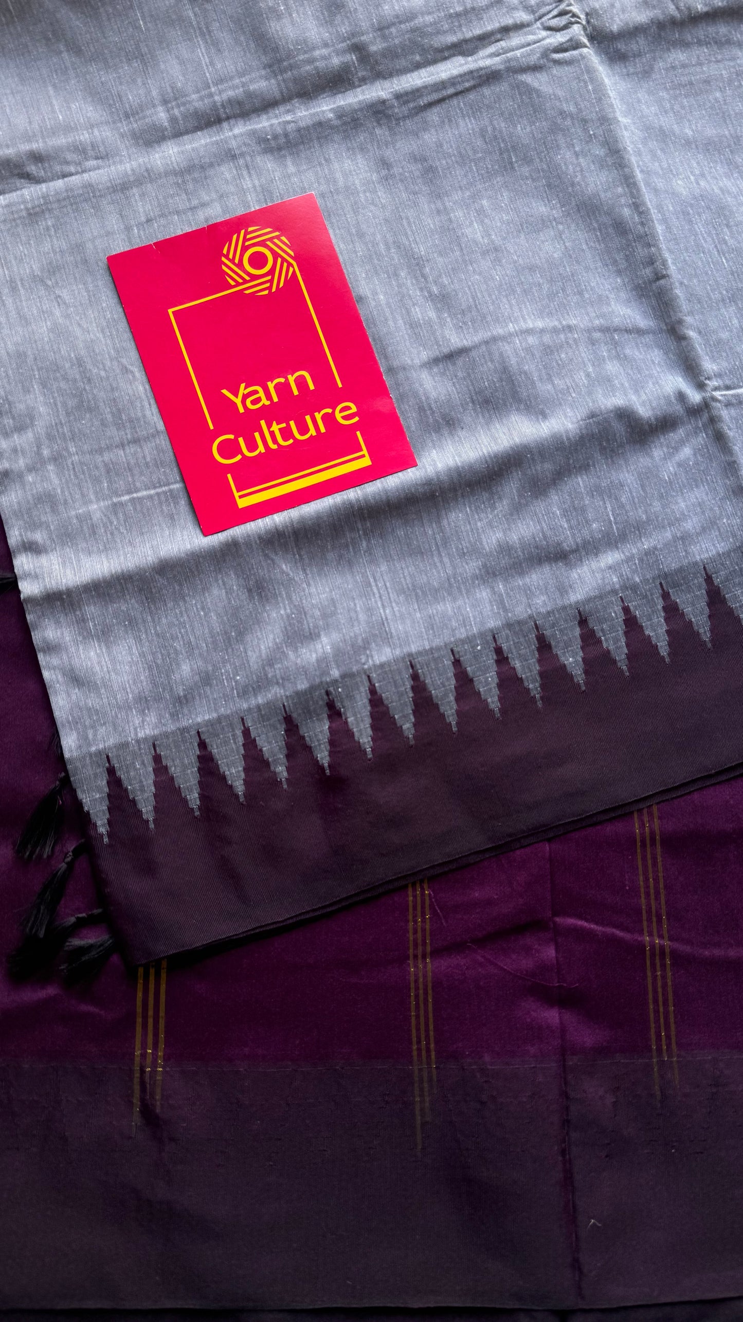 Grey with wine contrast, temple border saree, cotton silk - YCCOTNTBFE59
