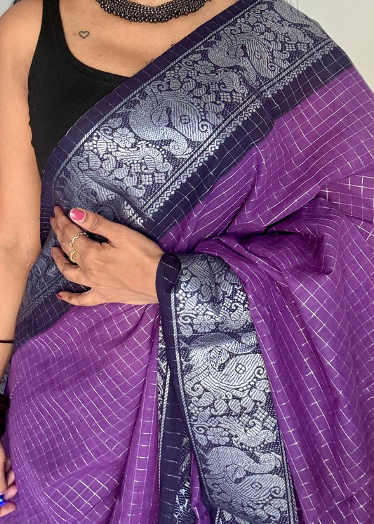 Purple with dark blue, silver zari checkered sungudi, kattuchayam dyed madurai cotton - YCCOTNMSAP105