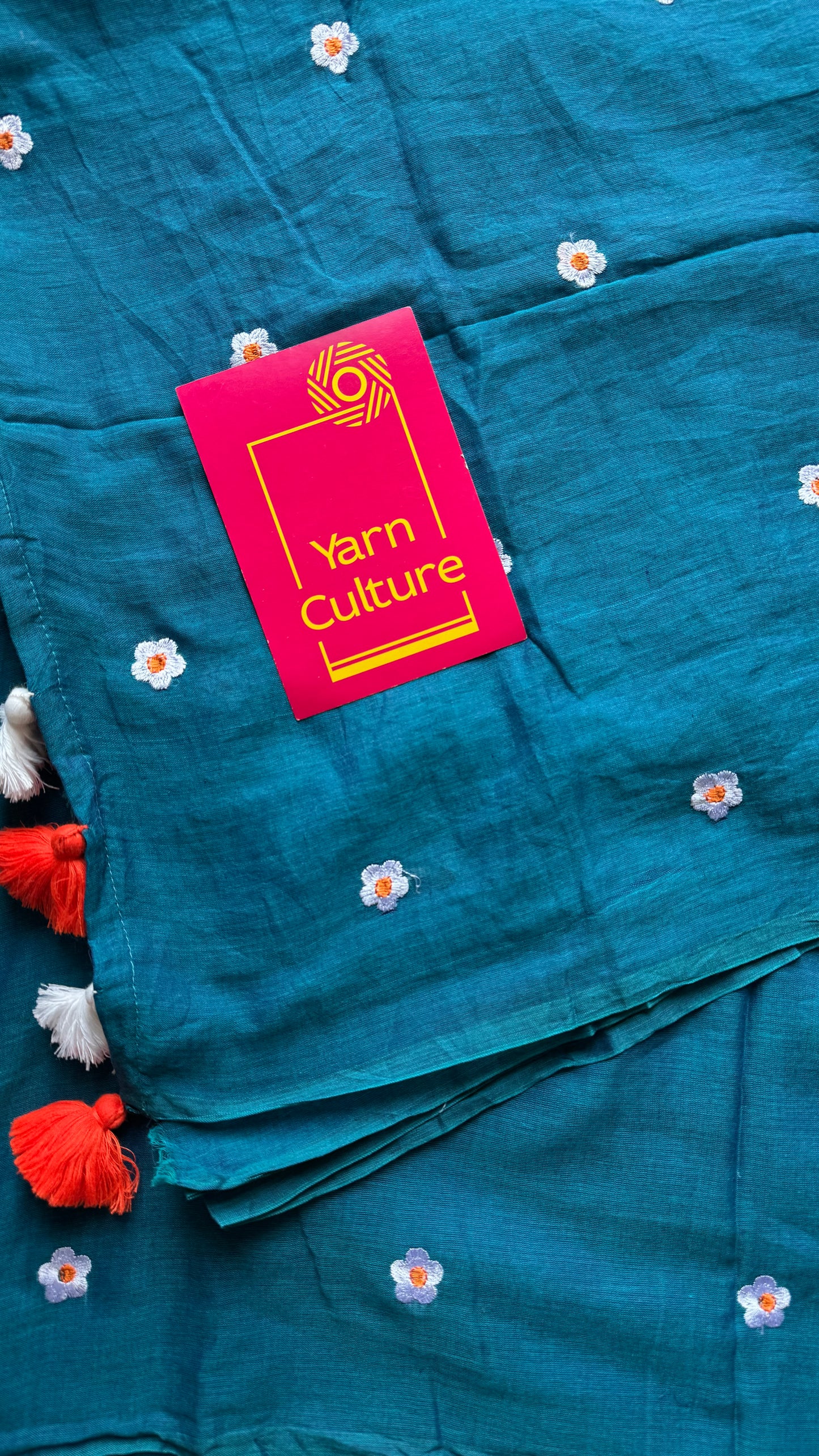 Peacock blue with white floral embroidered mul cotton saree  - YCBCMCAP43