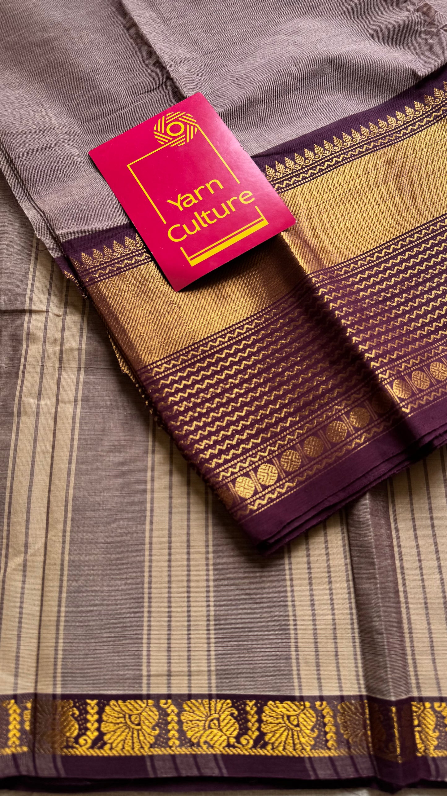 Kanchi cotton saree, beige brown with dark maroon zari border - YCCOTNAP88