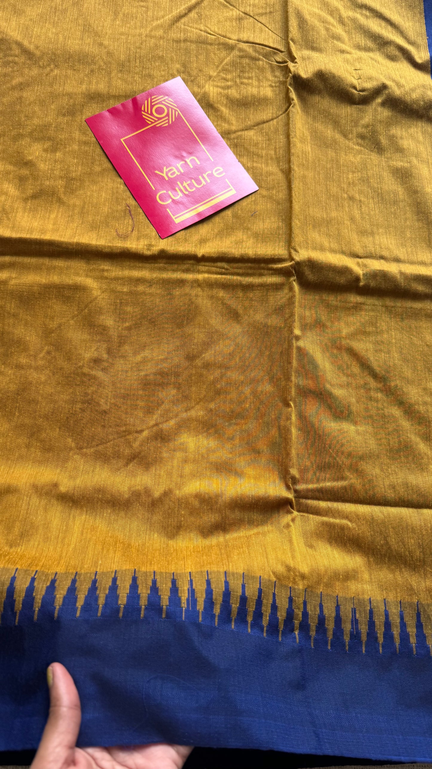 Turmeric yellow with blue contrast, temple border saree, cotton silk - YCCOTNTBFE57