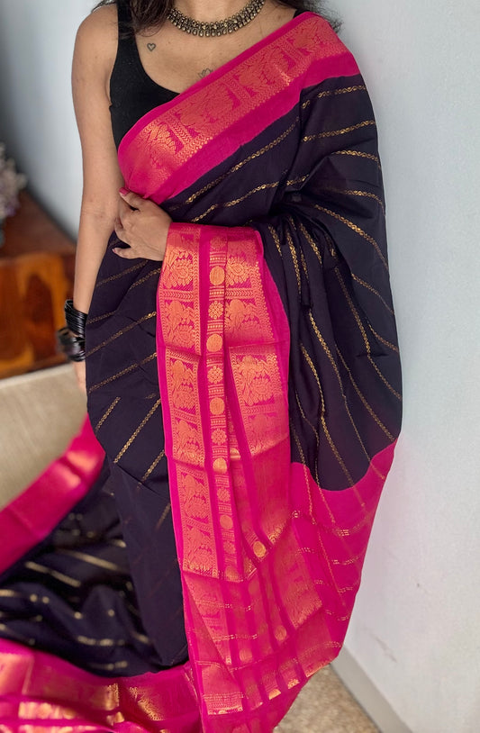 Dark blue with hot pink, peacock rudraksham motif, single side broad zari - madurai kattuchayam dyed - YCCOTNAUS24