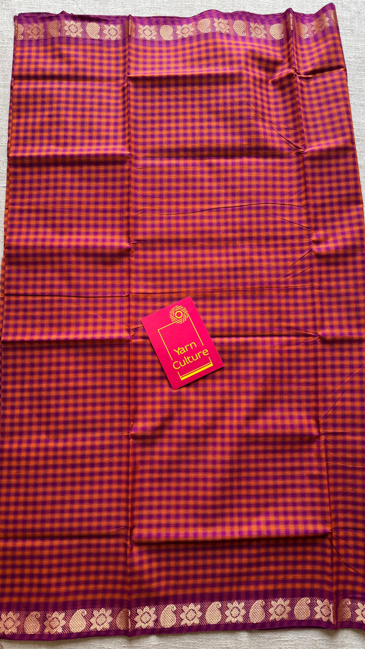 Magenta Chettinad cotton saree with orange checks - YCCOTNCCFE146