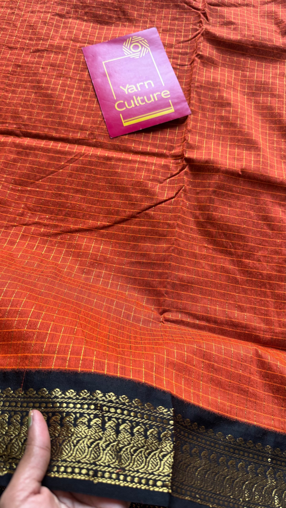 Orange with black, zari checkered saree, cotton silk - YCCOTNKCOC101