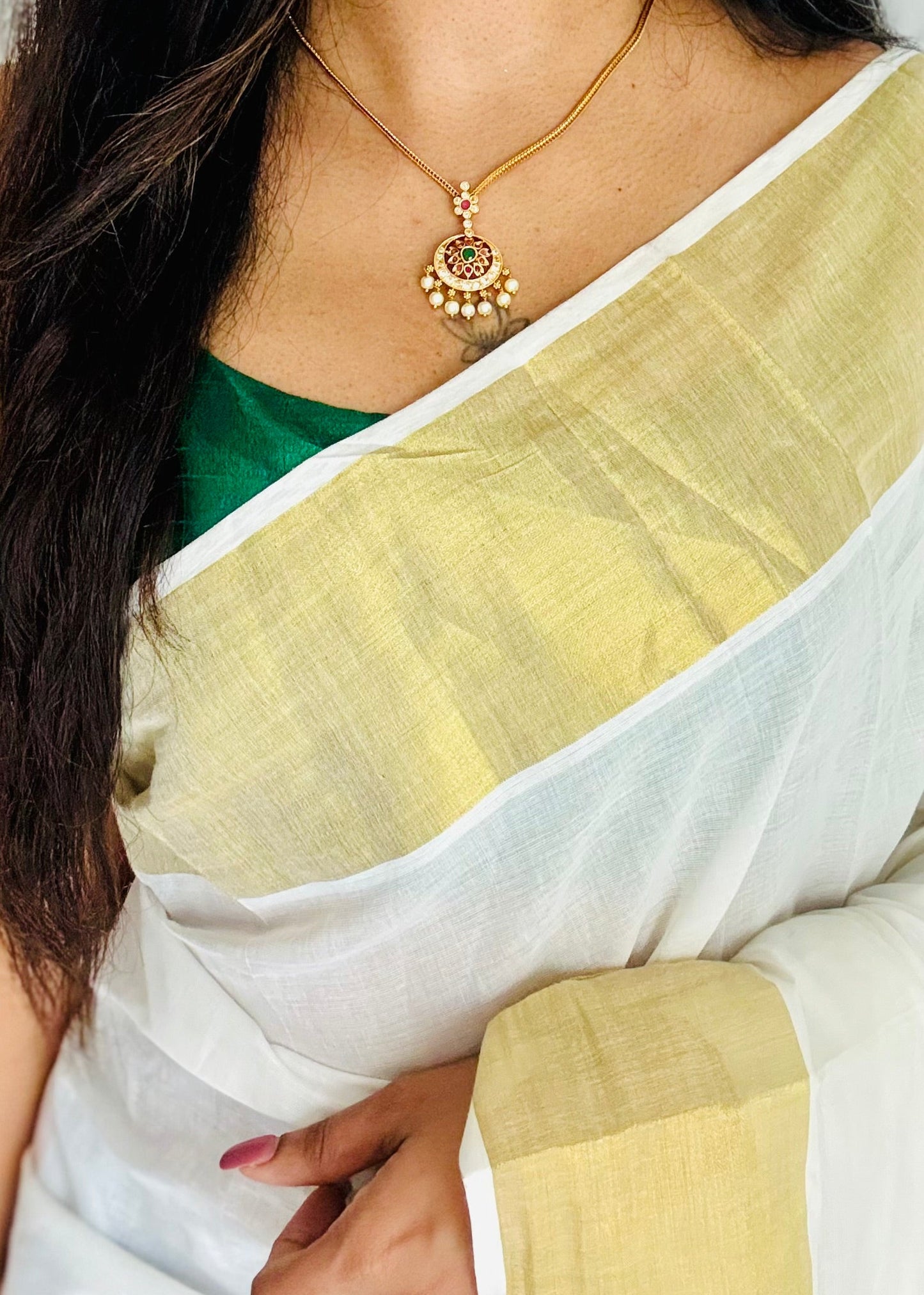 Attigai with ruby, green and white round pendant neckpiece, with earrings - YCGPNP787