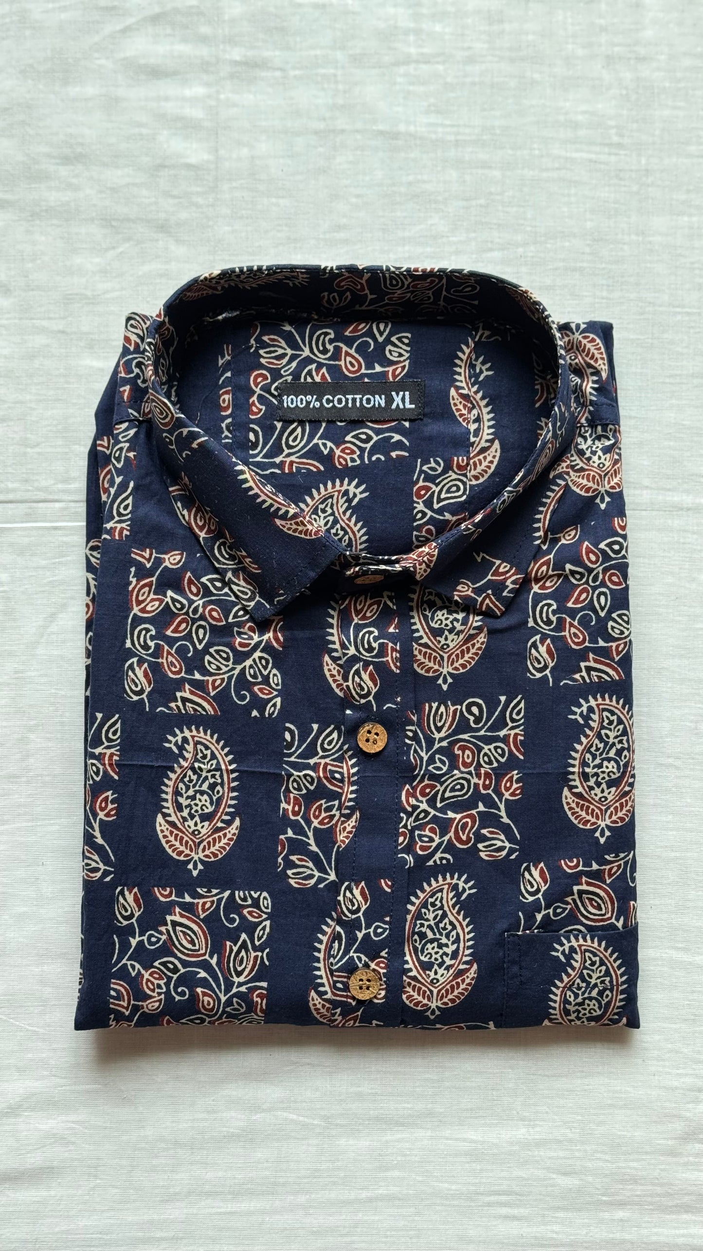 Navy Blue Paisley Block Printed Cotton Men's Full Sleeve Collared Shirt - YCMSEIE204
