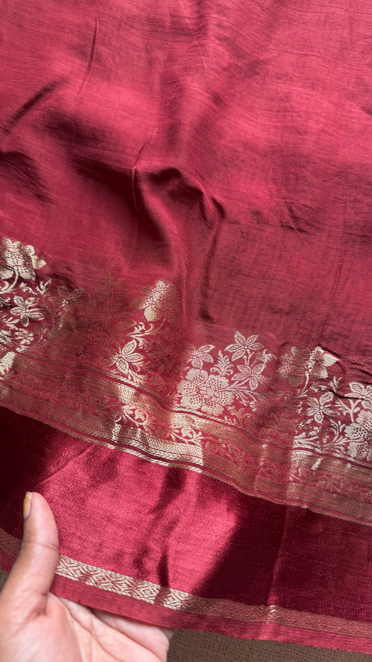 Maroon, semi crepe silk saree with antique gold floral border - YCLOKOC52