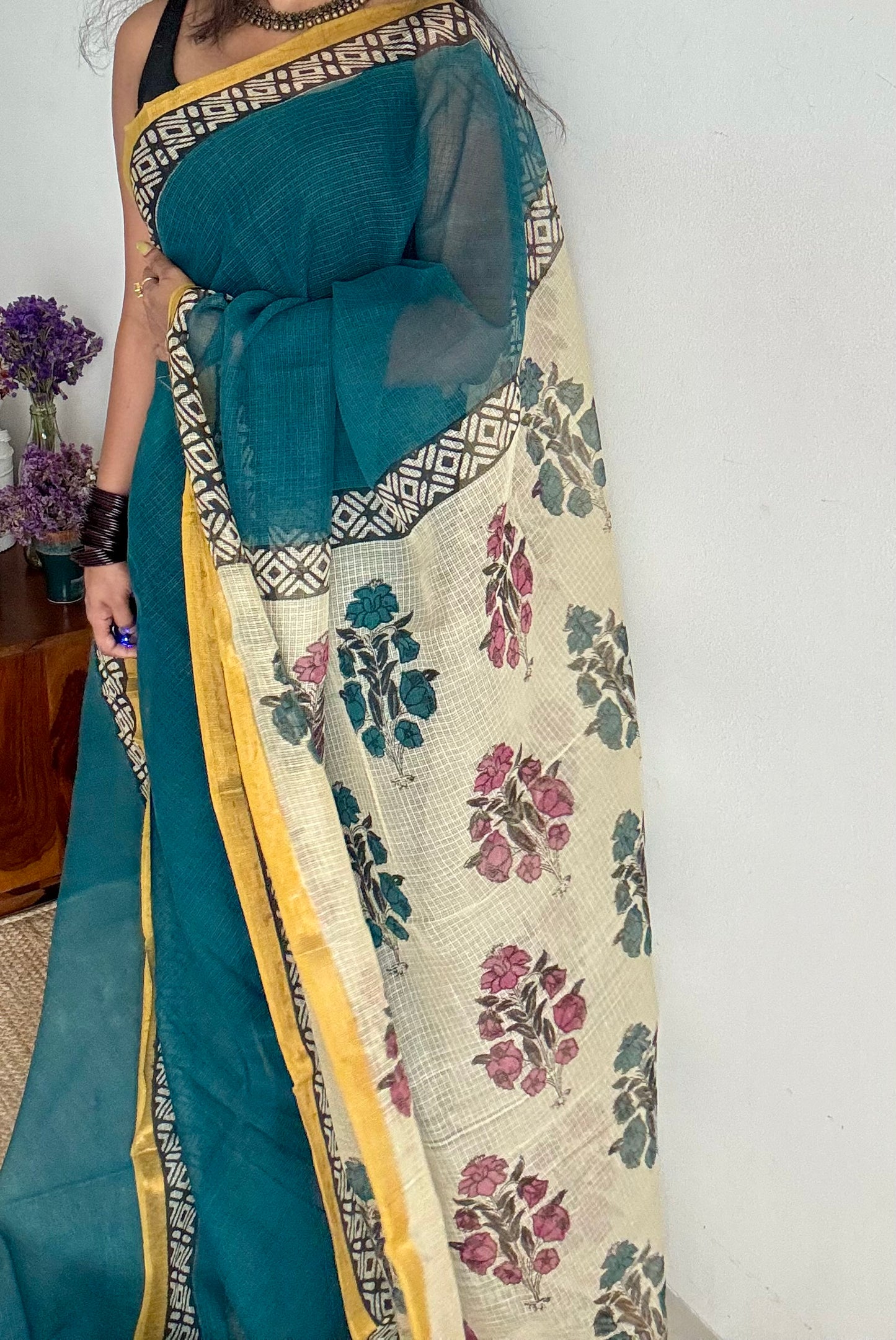 Teal Tadka - teal blue with yellow kota doria saree, with gold zari border - YCTORKDAP11