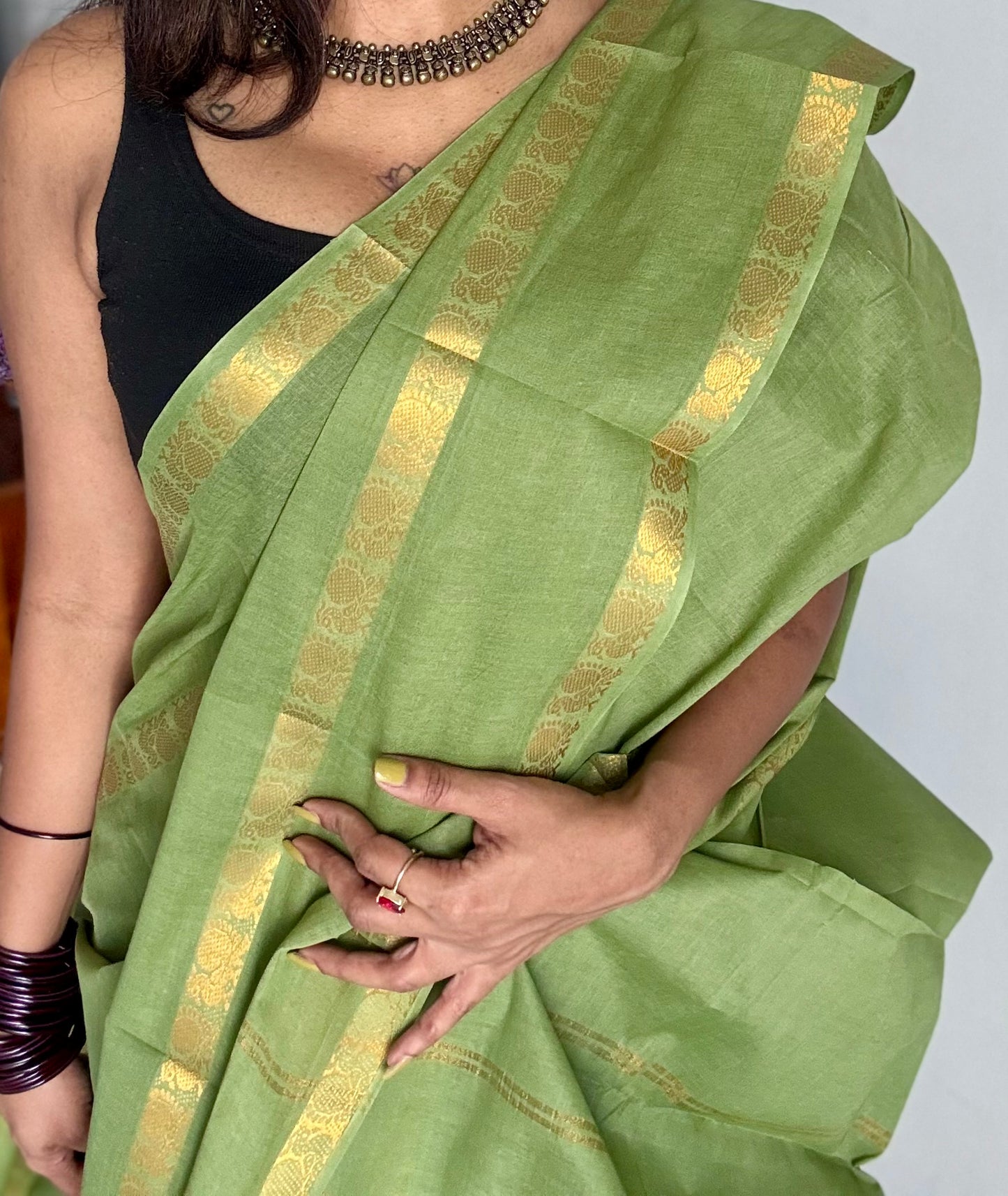 Sage green rettaipettu peacock double bordered, kattuchayam dyed madurai cotton saree - YCCOTNMSFE272