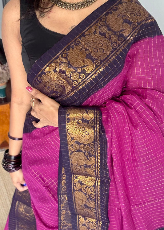 Purple pink with dark blue checkered sungudi, madurai cotton - YCCOTNOCSC21