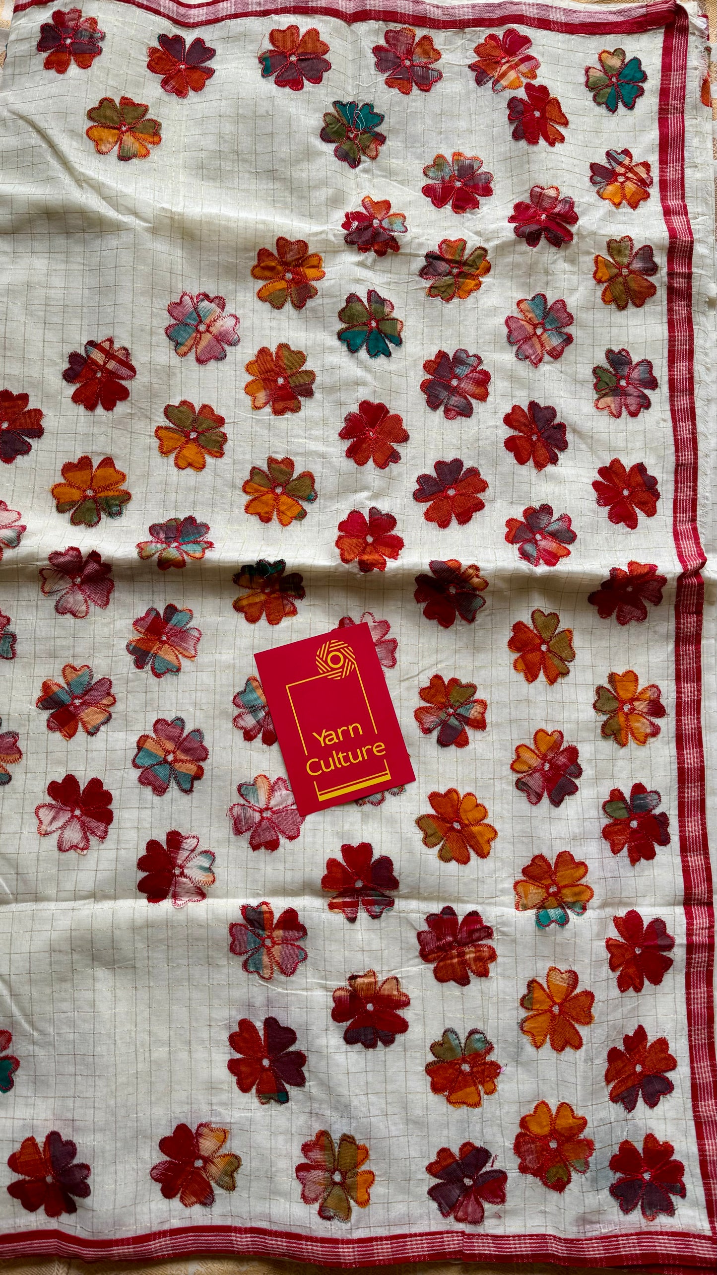 Ivory soft kota saree, with applique floral work - YCIEON88