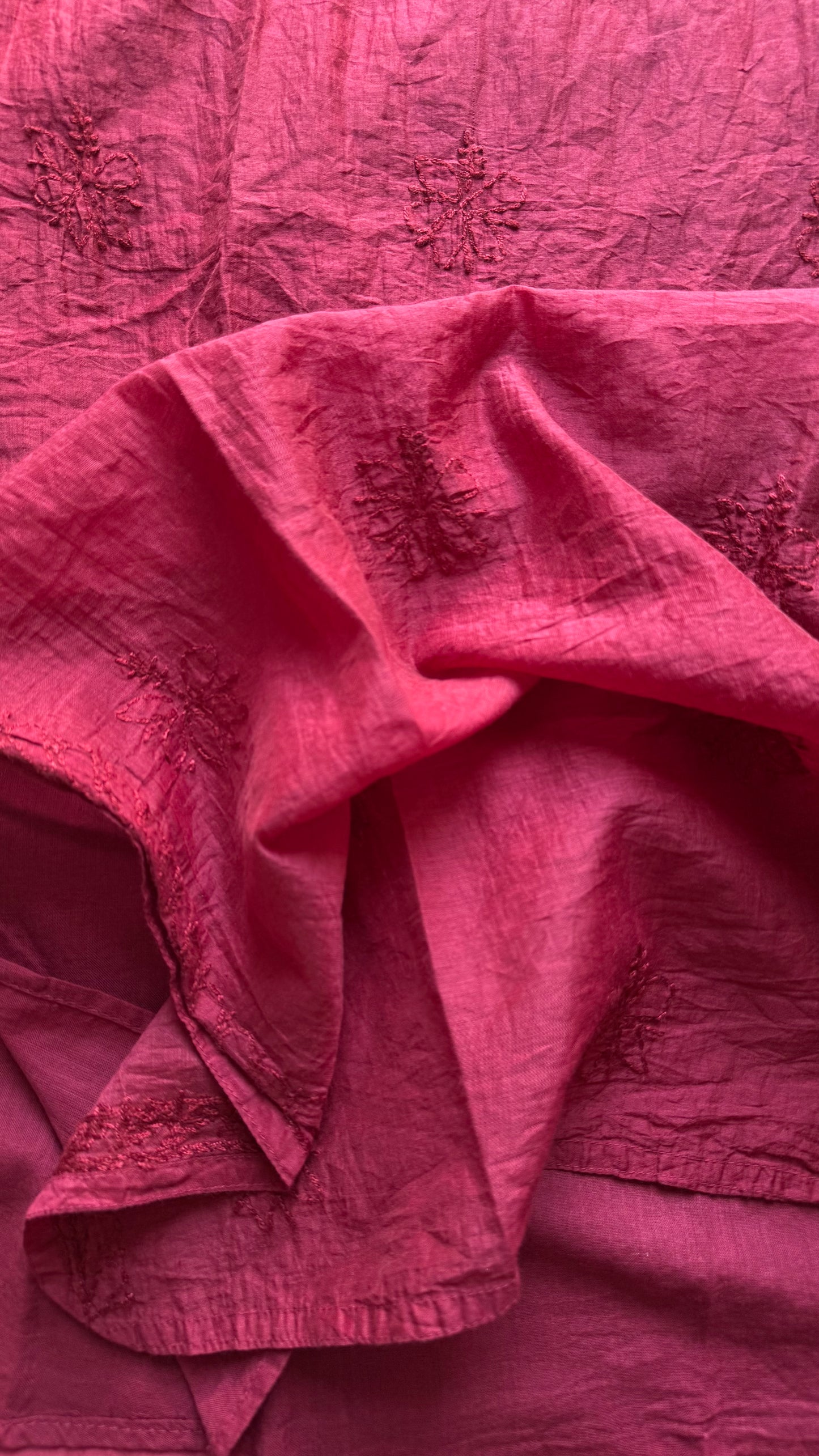 Deep carmine muslin chanderi chikankari with bakhiya work, stitched kurta, round neck, three fourth sleeves - YCSECK21