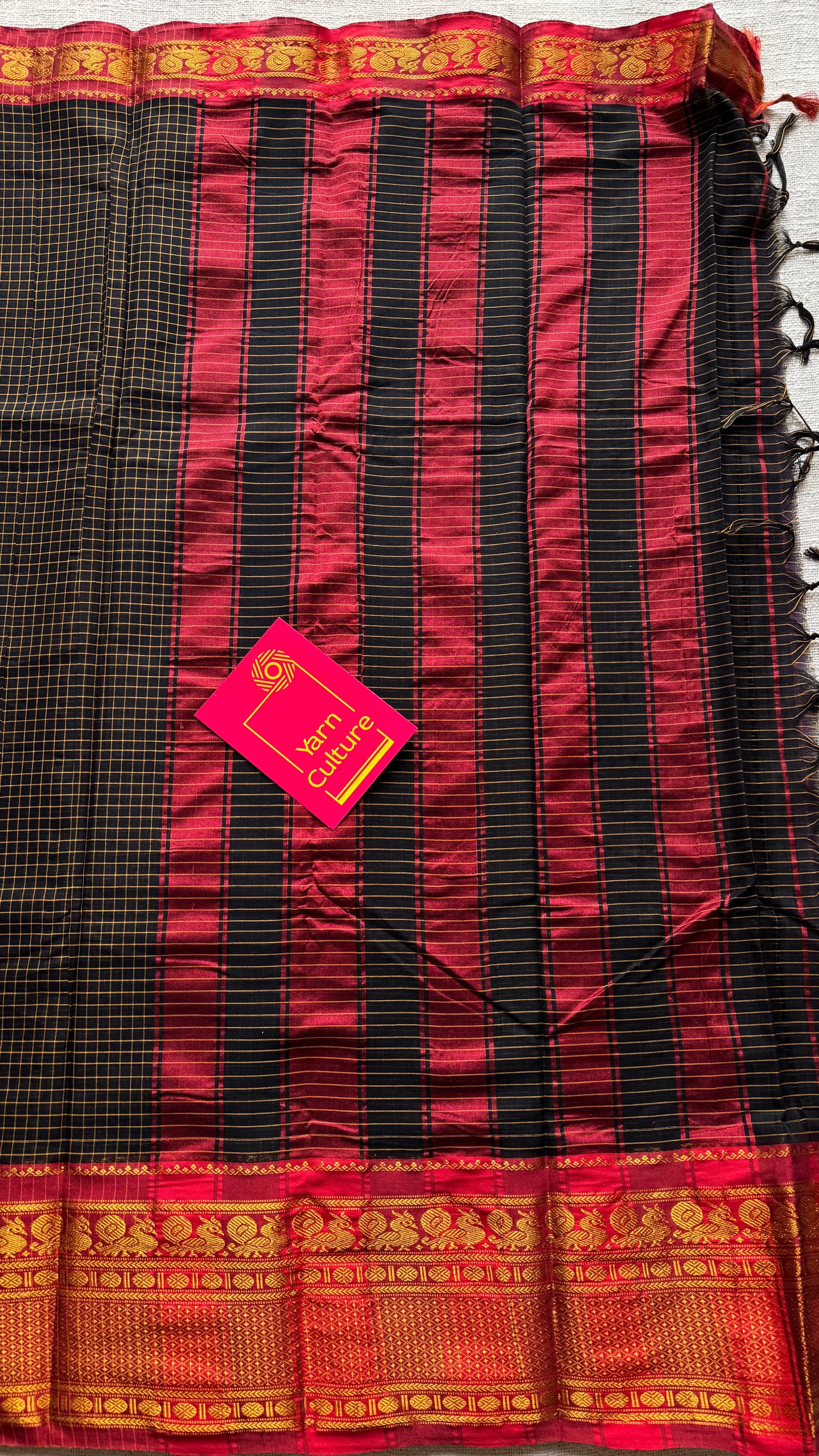 Black checks with red zari border, premium narayanpet, soft cotton - YCWOTDNPCFE20