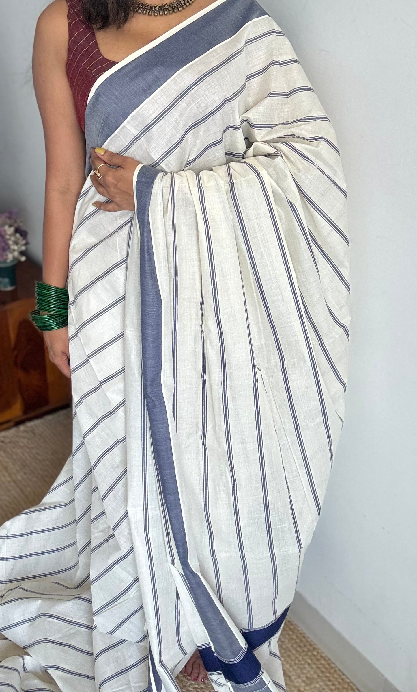 Ivory Kerala cotton saree with blue stripes and border - YCIEKCFE320